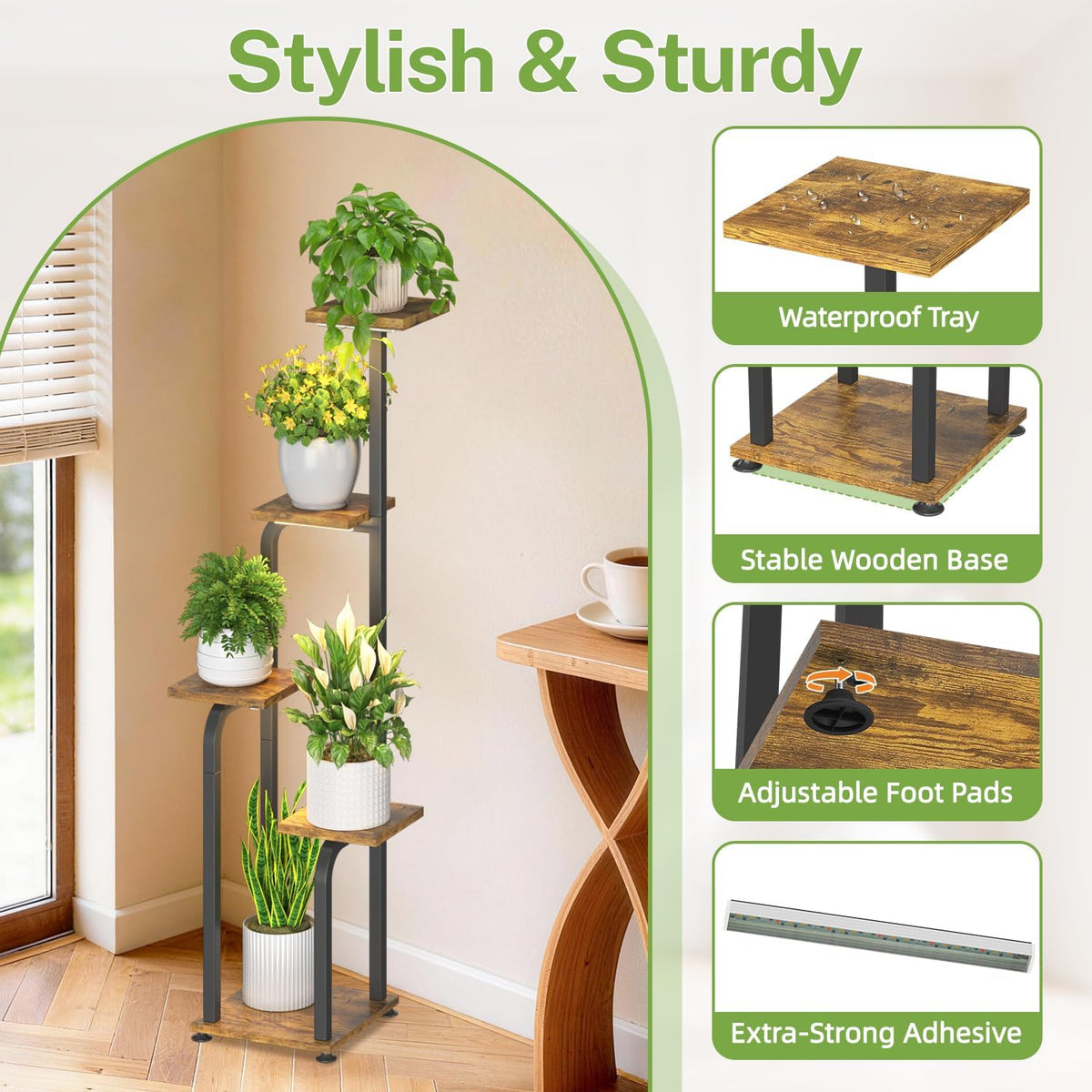 iDavosic.ly Tall Plant Stand Indoor with Grow Lights & Wooden Trays, Brown | 4 Tier Multiple Flower Holder Shelf, Space