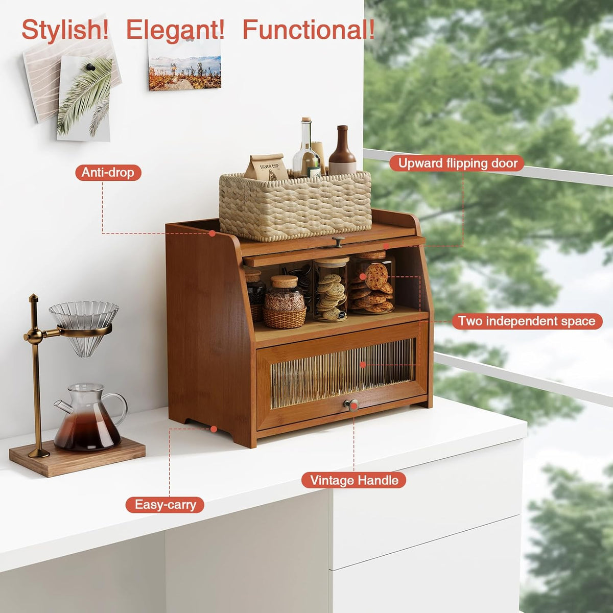 Goozii Wooden Bread Box for Kitchen Countertop, Dark Wood Bread Storage Container for Homemade Bread, 2 Tier Roll Top