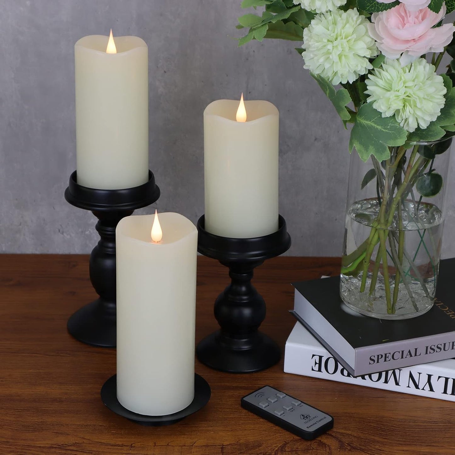 Flickering Flameless Candles with 3D Moving Flame Set of 3(H 5" 6" 7" x D 3"), Last 1000+ Hours Battery Operated