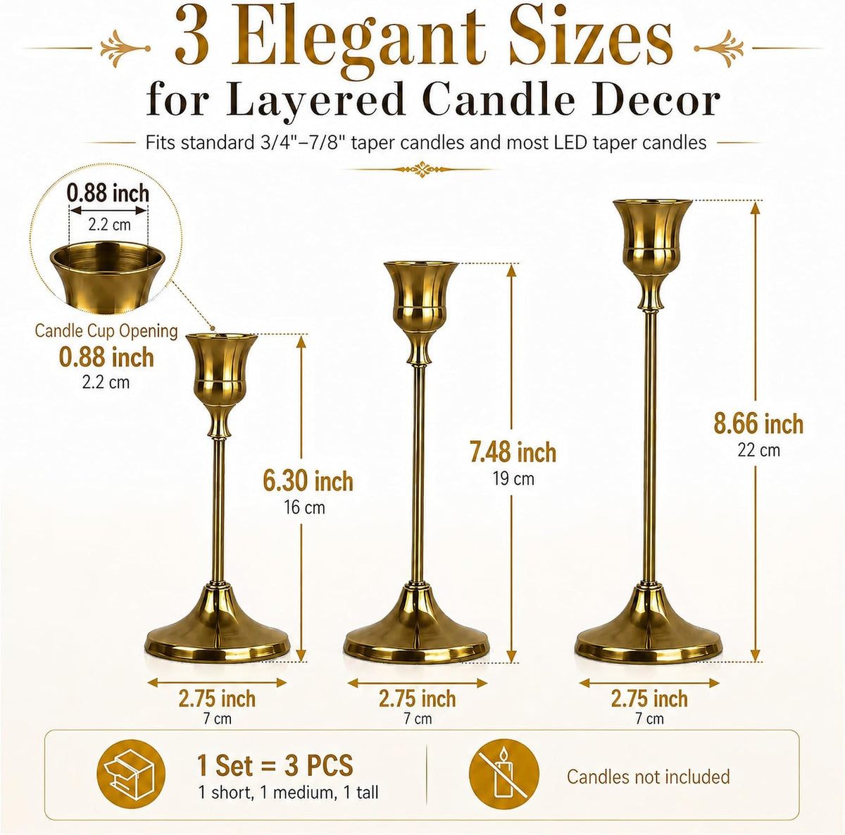 Brass Taper Candle Holders 4 Sets(12 Pcs) - Tall Metal Candlestick Holders for Table Centerpiece, Formal Dinner