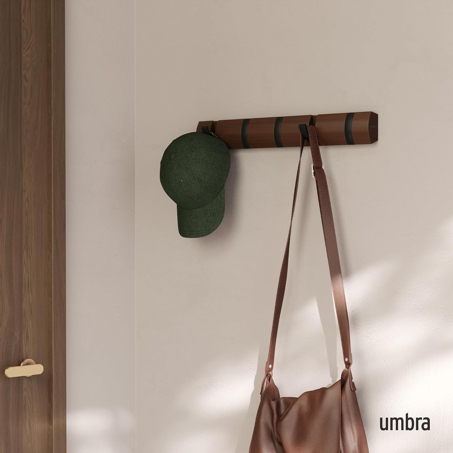 Umbra Flip Coat Rack, Wall Mounted 5-Hook Space Saving, Walnut/Black | Real wood and steel build, retractable hooks