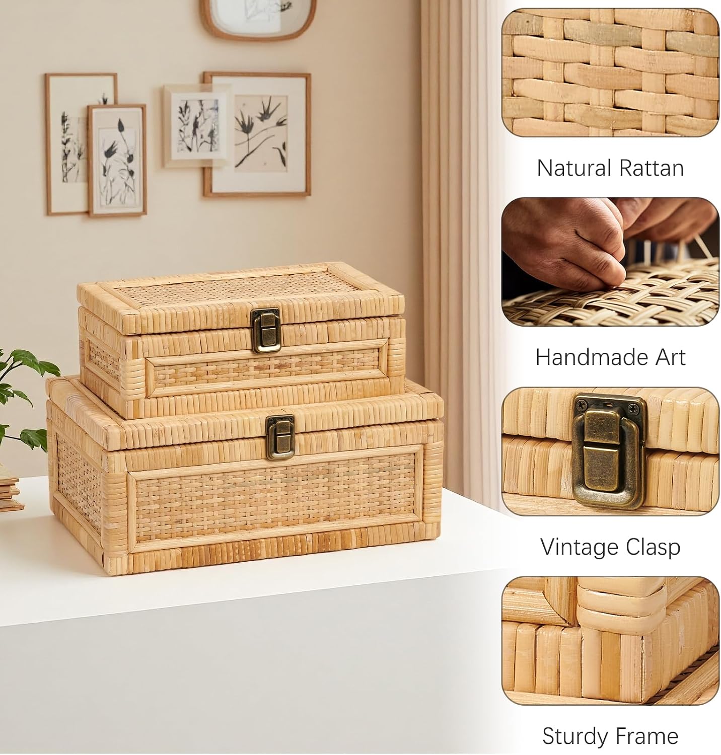 Lid Decorative Handmade Boho Rattan Baskets Woven Wicker Cane Bins Keepsake Memory Jewelry / Natural