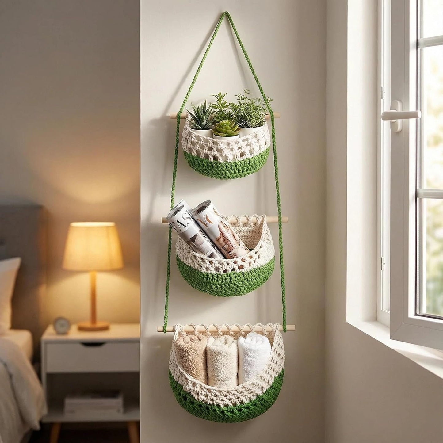 Woven Cotton Hanging Fruit Basket / Green