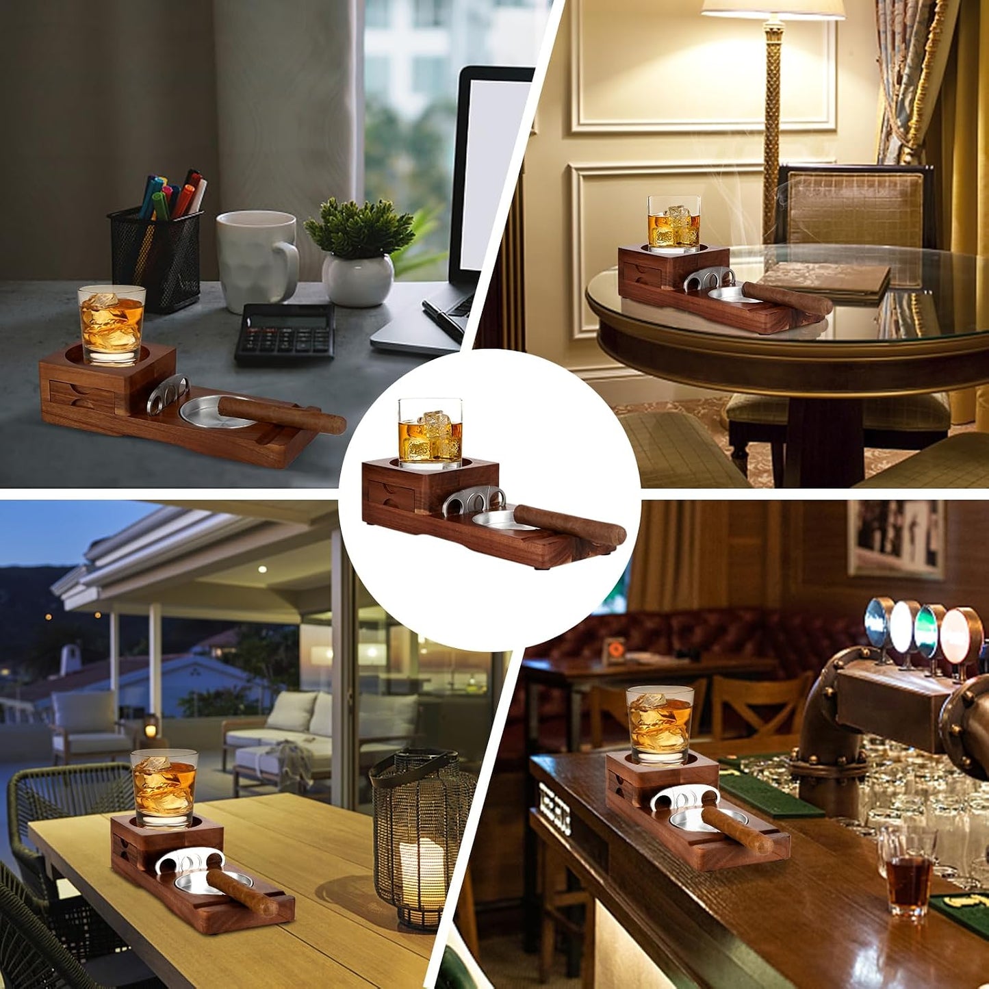 Ashtray Coaster Whiskey Glass Tray & Wooden Ash Tray / Deep Brown
