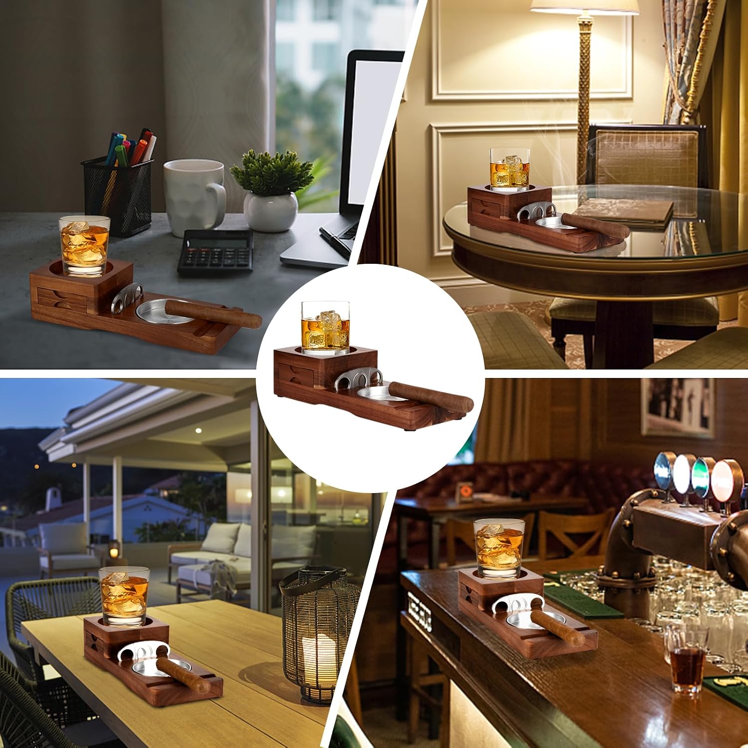 Ashtray Coaster Whiskey Glass Tray & Wooden Ash Tray / Deep Brown