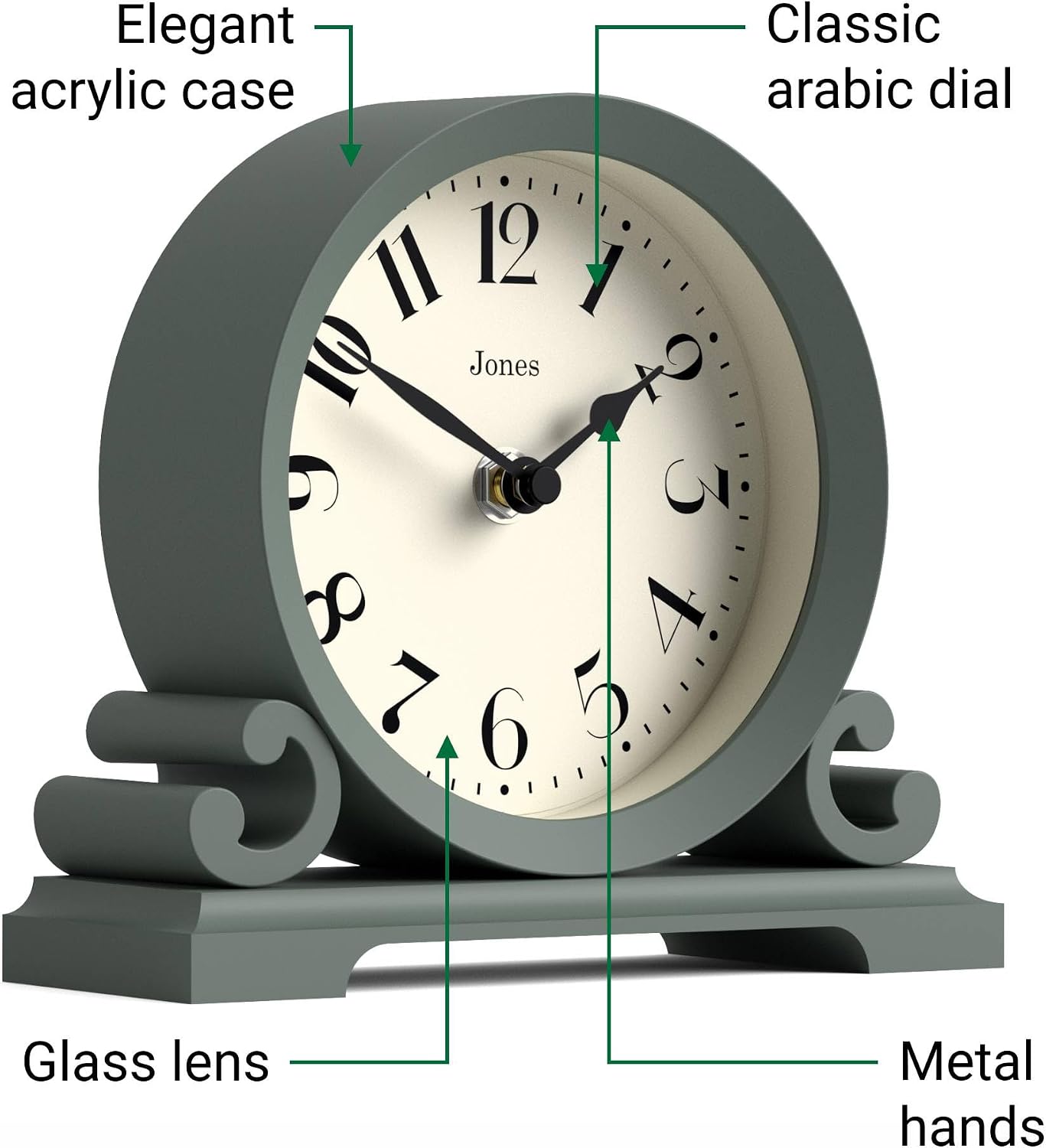 JONES CLOCKS® Saloon Mantel Clock | Small Traditional Double Scroll Design | Green | Contemporary Classic Style for