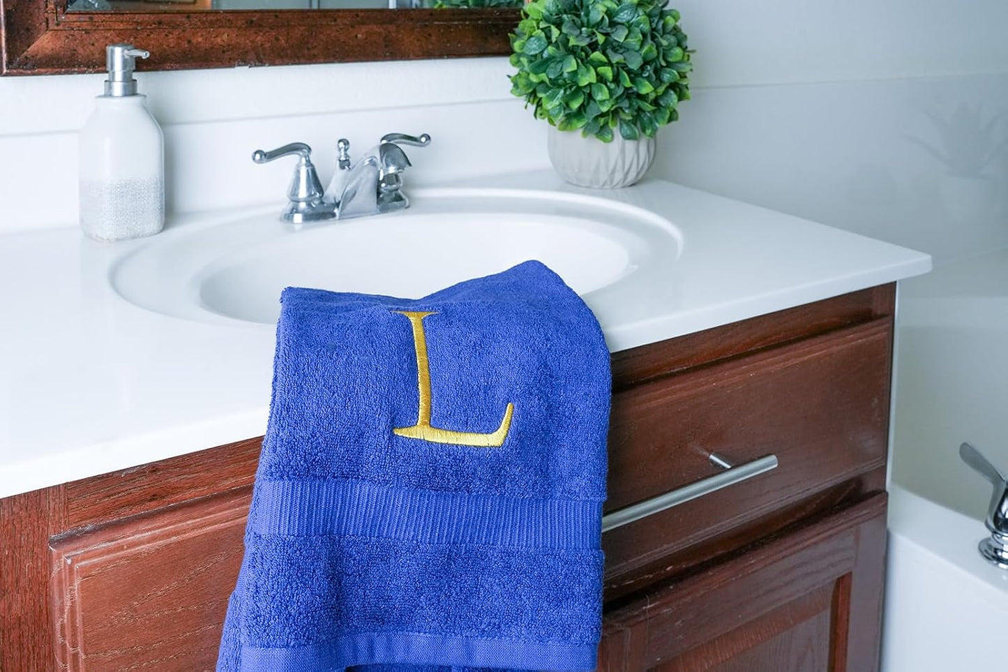 Navy with Gold Monogrammed Hand Towels for Bathroom - Set of 2 Letter L | Luxury Hotel Quality Initial Towels For