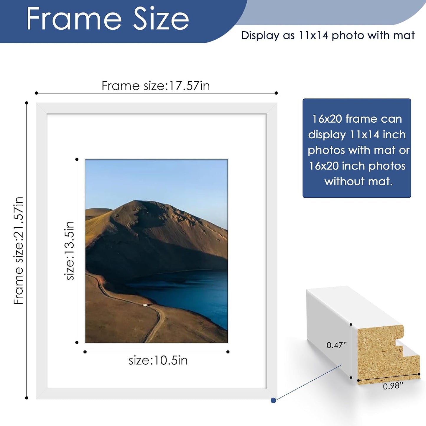 16x20 Picture Frame Set of 6, Wall Mount Display, White | Display Pictures 11x14 with Mat or 16x20 Without Mat