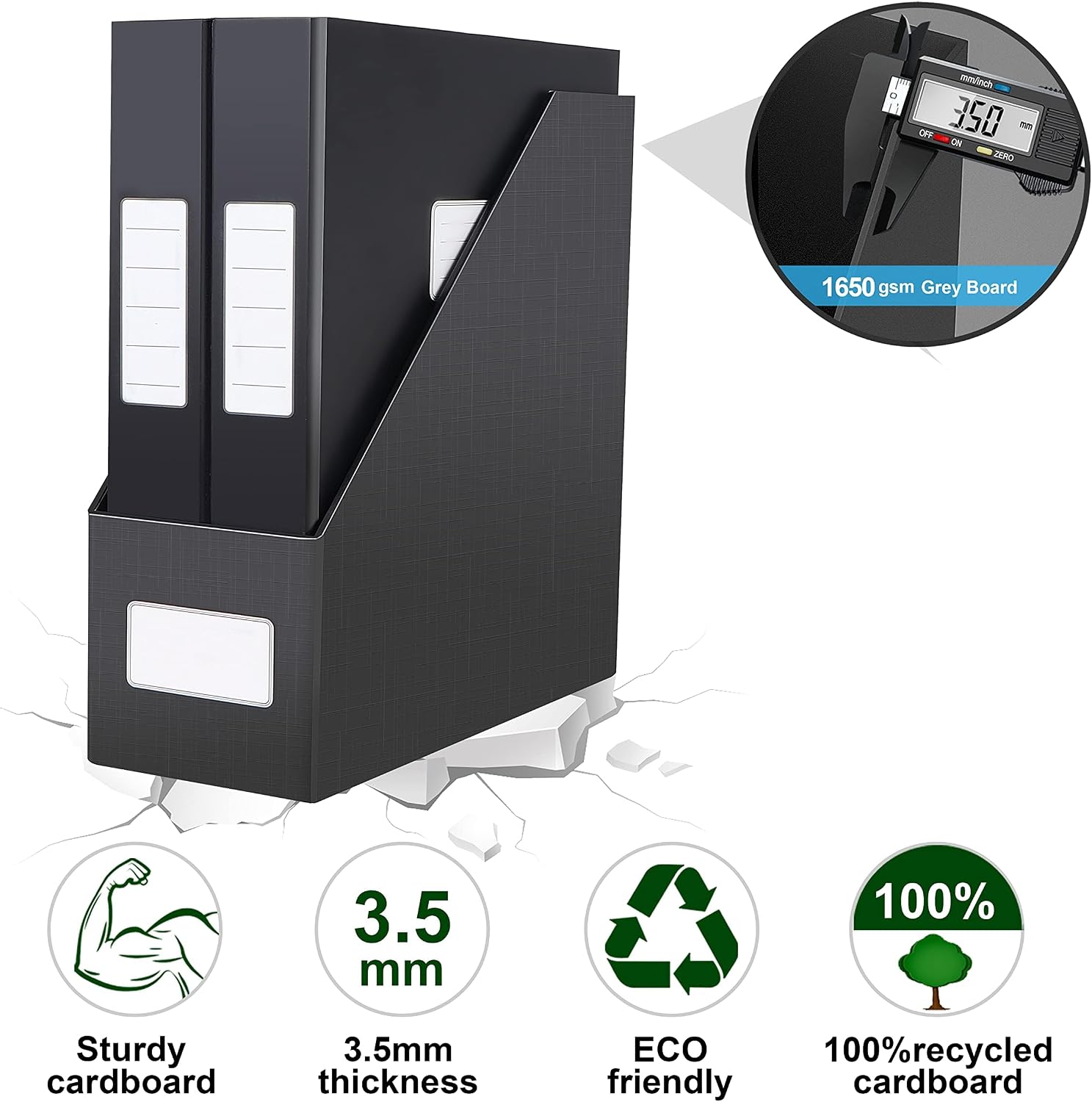 Black Magazine File Holders，3 Packs Cardboard File Rack, Folder Holder | Sturdy Cardboard Desktop Storage File Box