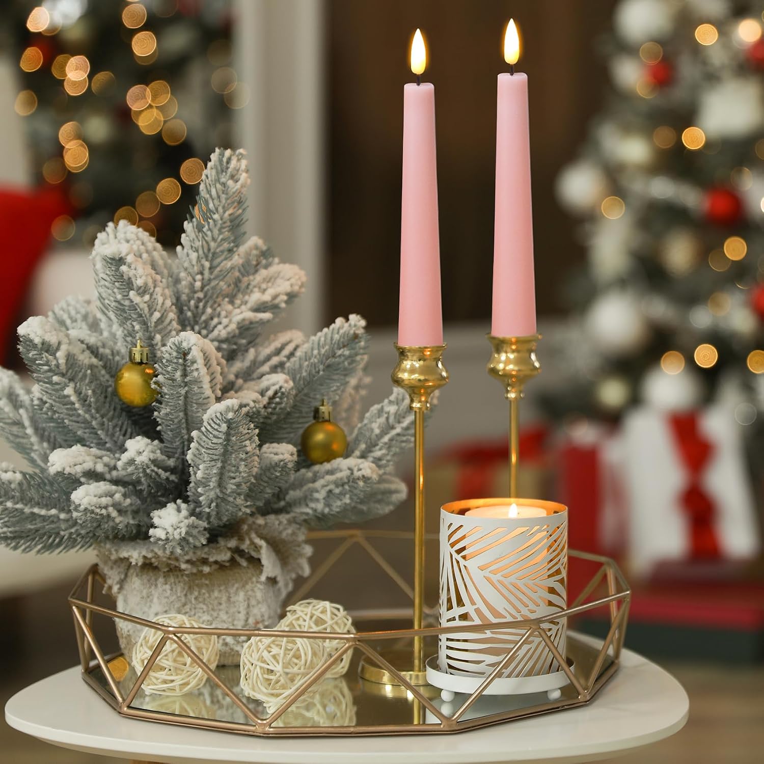 Short Pink Flameless Taper Candles with Remote Set of 6 | Flickering LED Candlesticks, Real Wax Coating, 2 AAA Battery