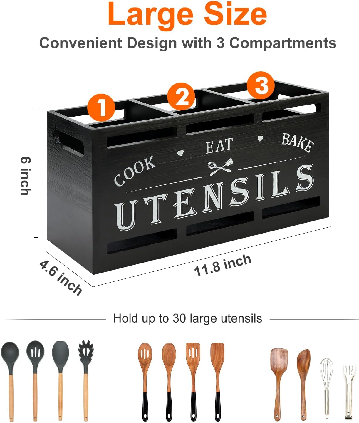 Large Black Wood Utensil Holder for Kitchen Decor Spoon Spatula Organizer | Wooden Cooking Utensils Holder for Kitchen