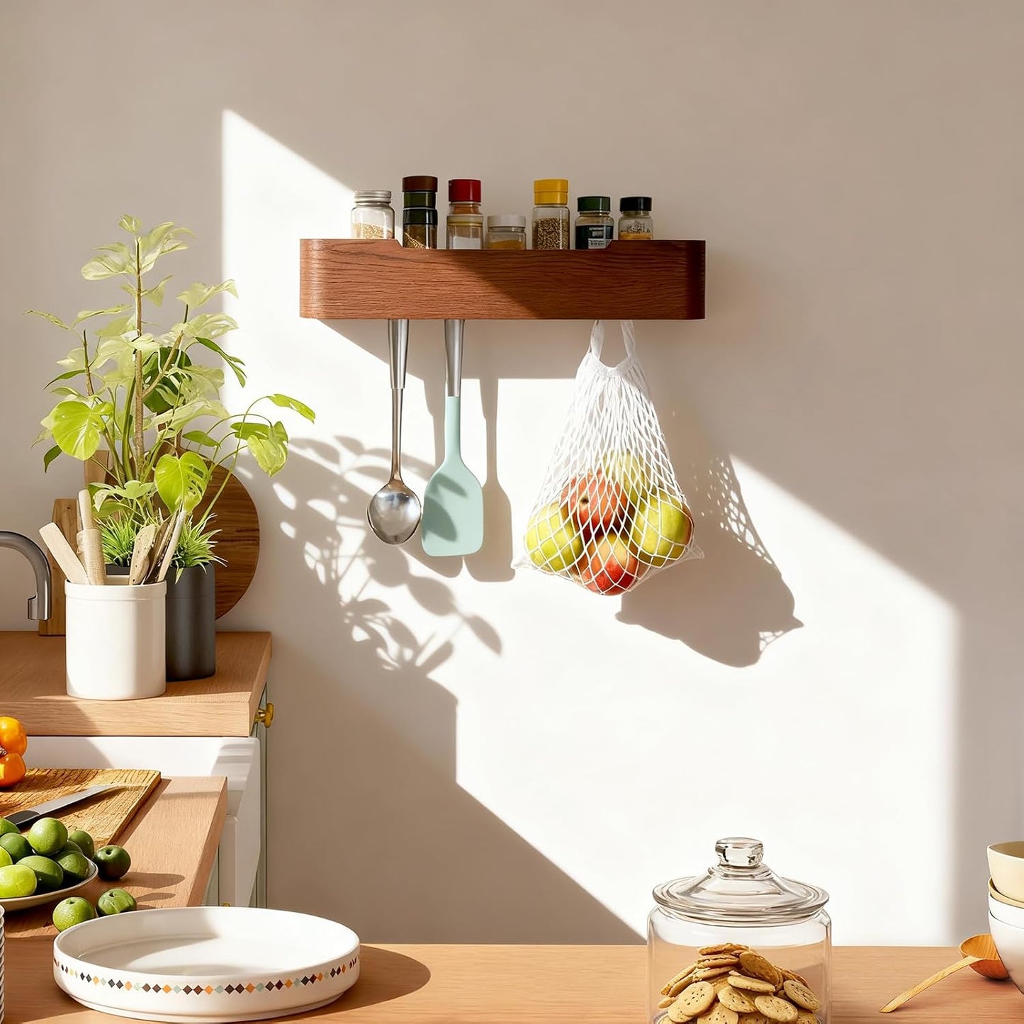Shelf Entryway Shelf Modern Key Holder Hanger Wall Shelves / Walnut Color / 5 Hooks