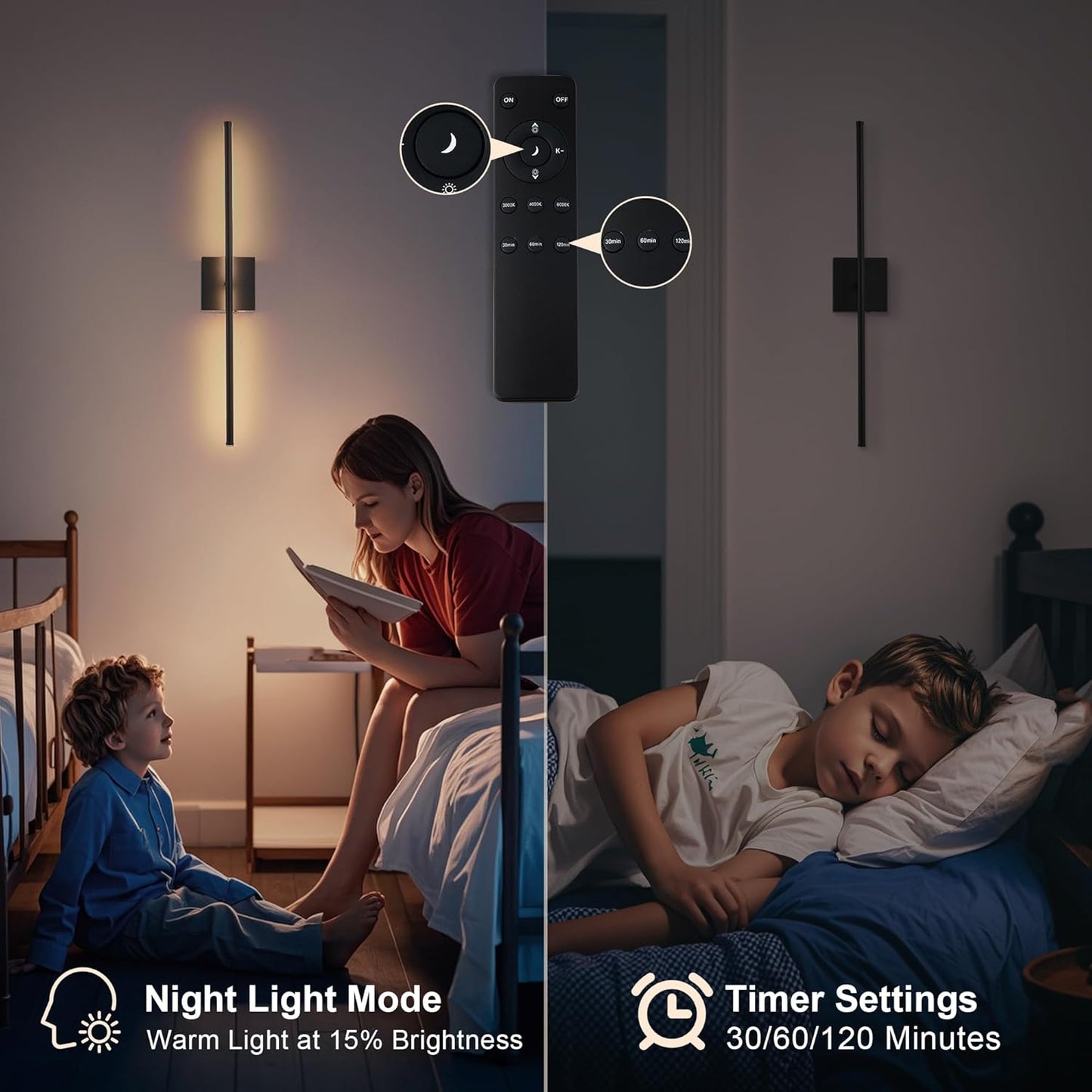 KARTOOSH Battery Operated Wall Sconces Set of 2 Wireless,32.2 Inch Black | Battery Removable, 3000-6000K, Stepless