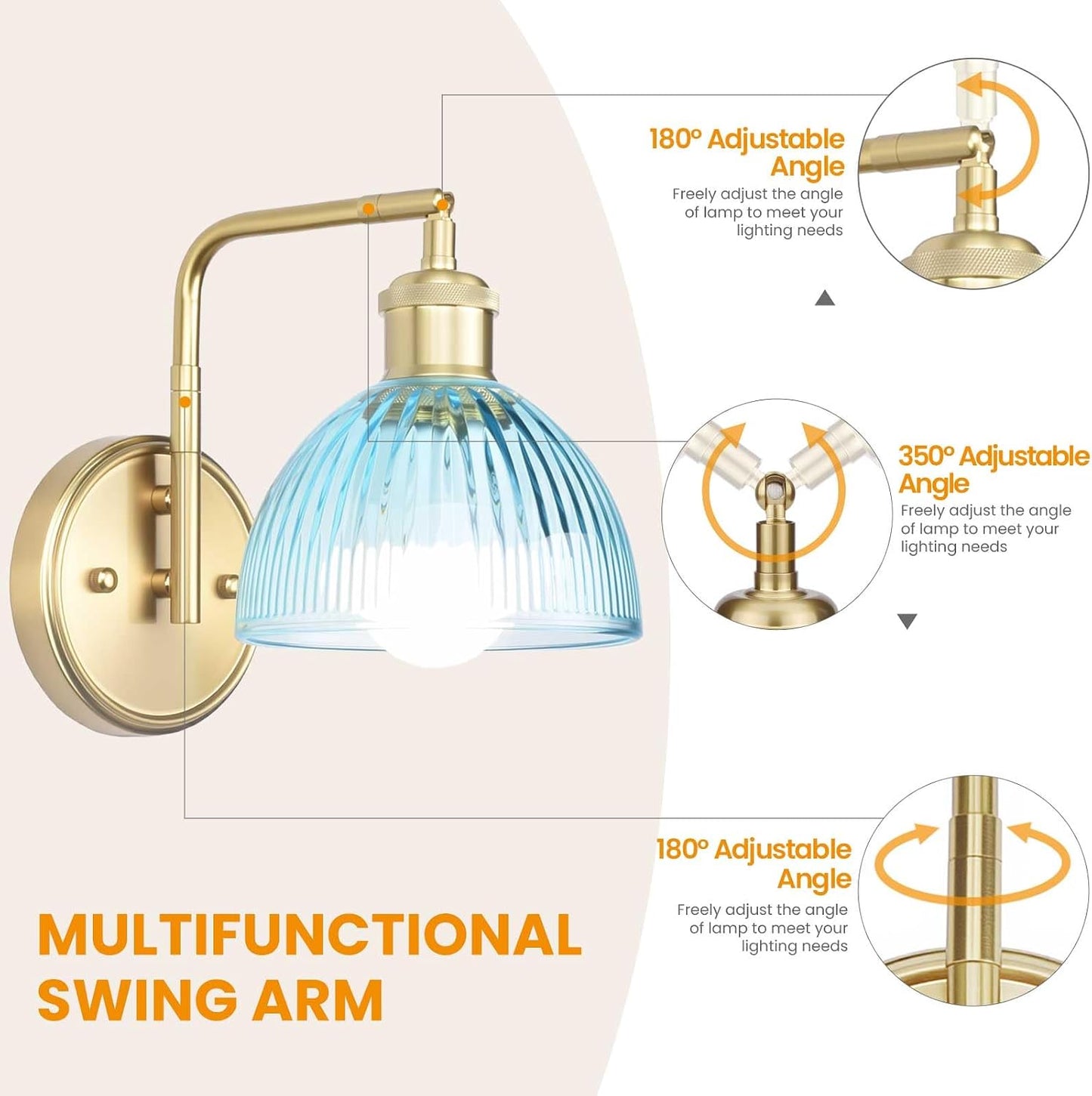 Swing Arm Wall Sconce, Plug in or Hardwired Gold Wall Lamp with Blue Stripe Ribbed Glass Shade, Modern Remote Dimmable