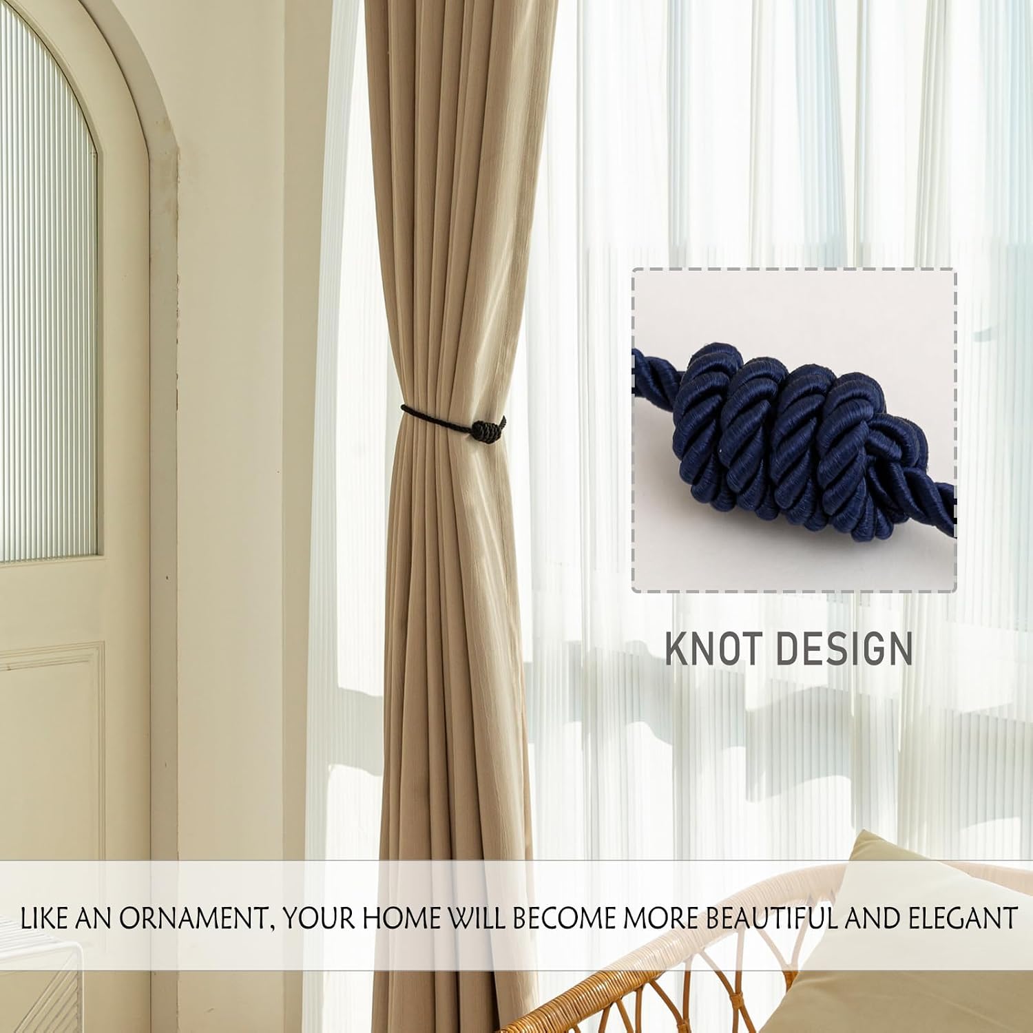 Curtain Tiebacks Magnetic Decorative Rope Tie Backs Holdbacks Contoeey | 8 Pack Navy Modern Elegant Window Treatment