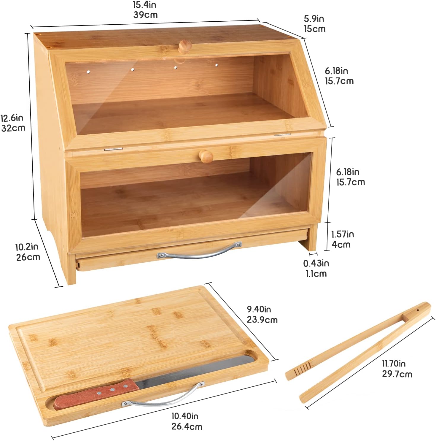 MAISONPEX Double Layer Bamboo Bread Box for Kitchen Countertop, Cutting Board, and Stainless Steel Bread Knife, Large
