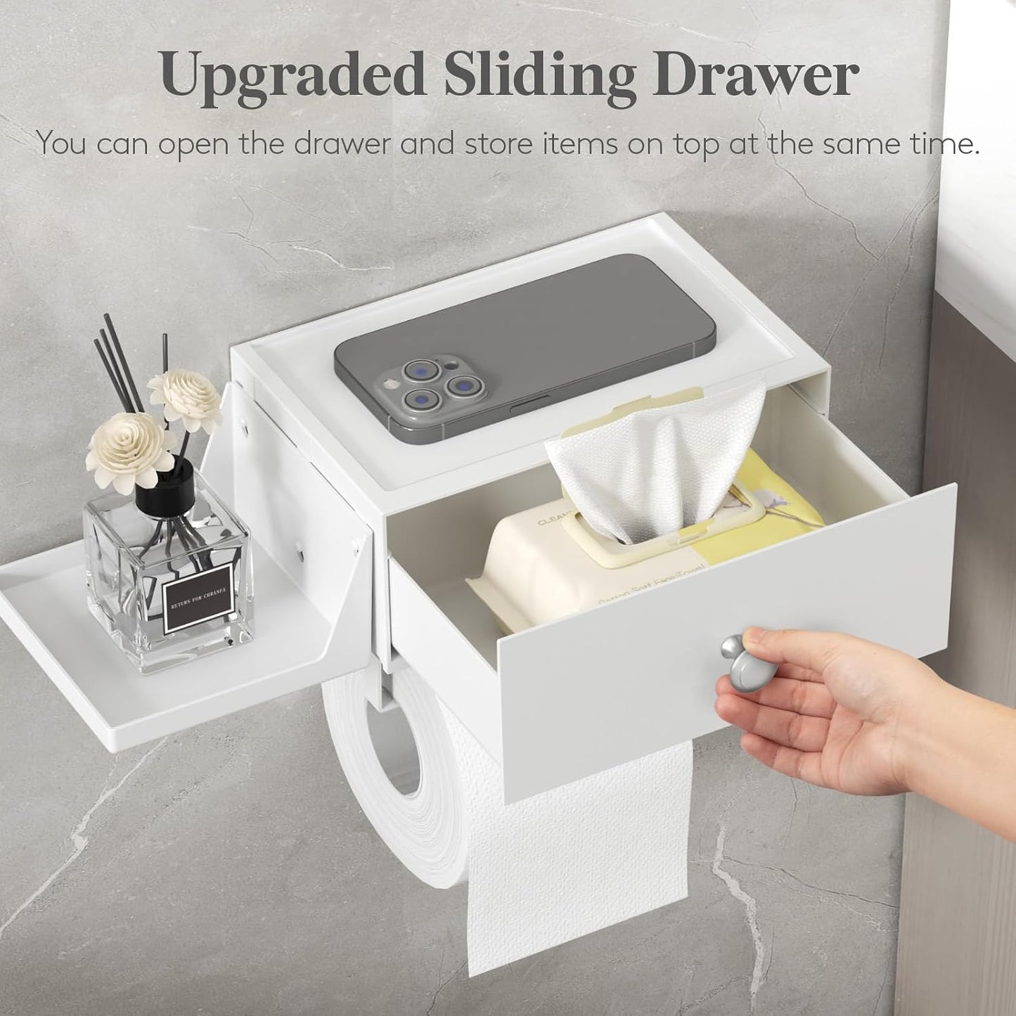Lifewit Toilet Paper Holder Wall Mount with Shelf & Drawer, White, 2 Pack | Screw or adhesive installation, sturdy