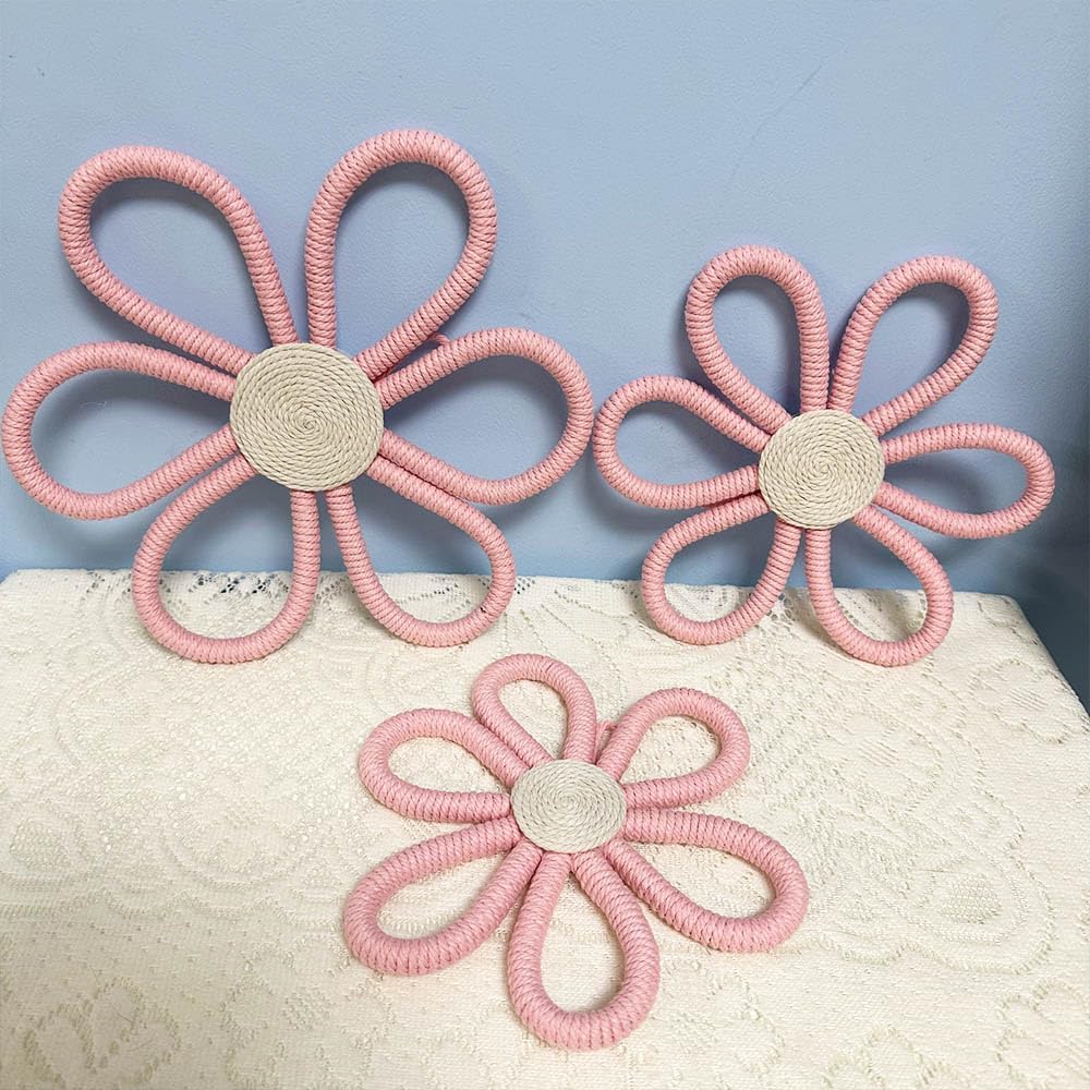 Boho Wall Decor Daisy Flower Wall Hanging Pendant Wall Art Sign / Floral / Pink / Set of 3