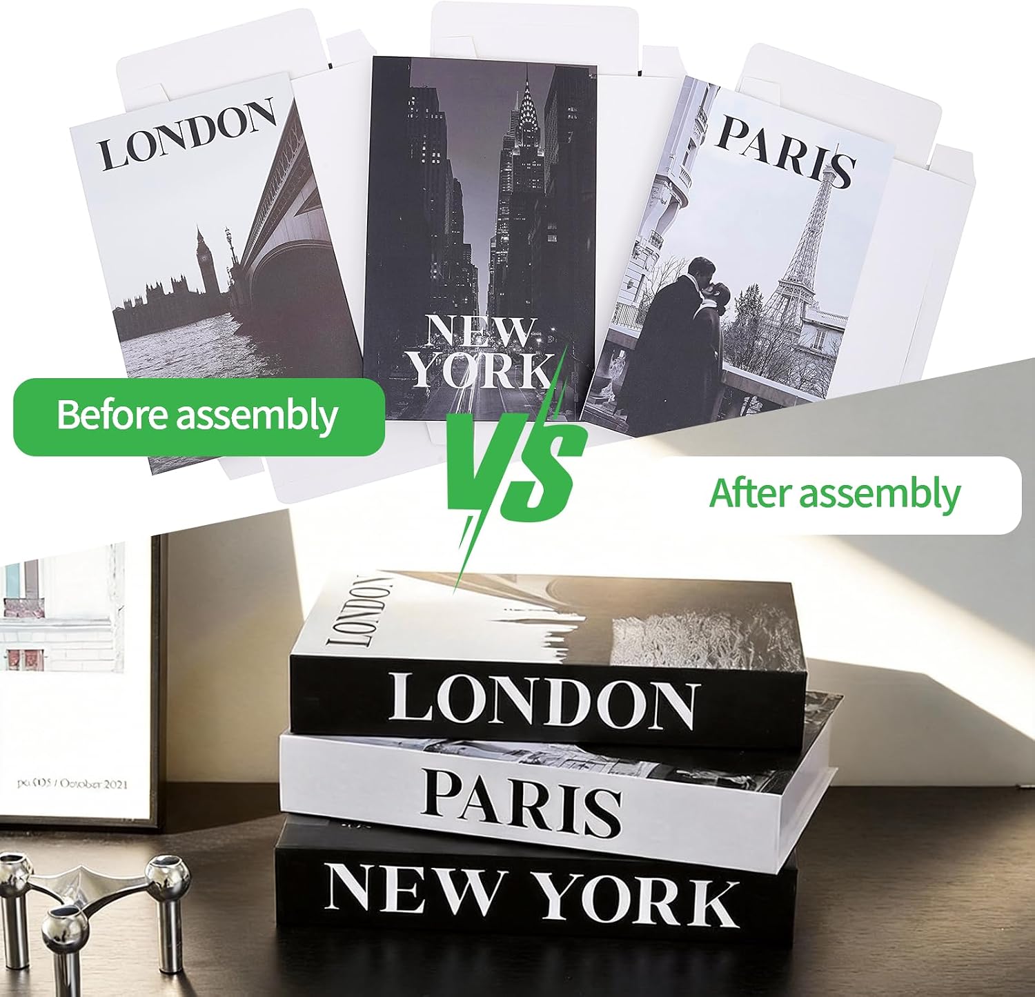 Faux Decorative Books / 3-paris London Newyork Kiss / Set of 3
