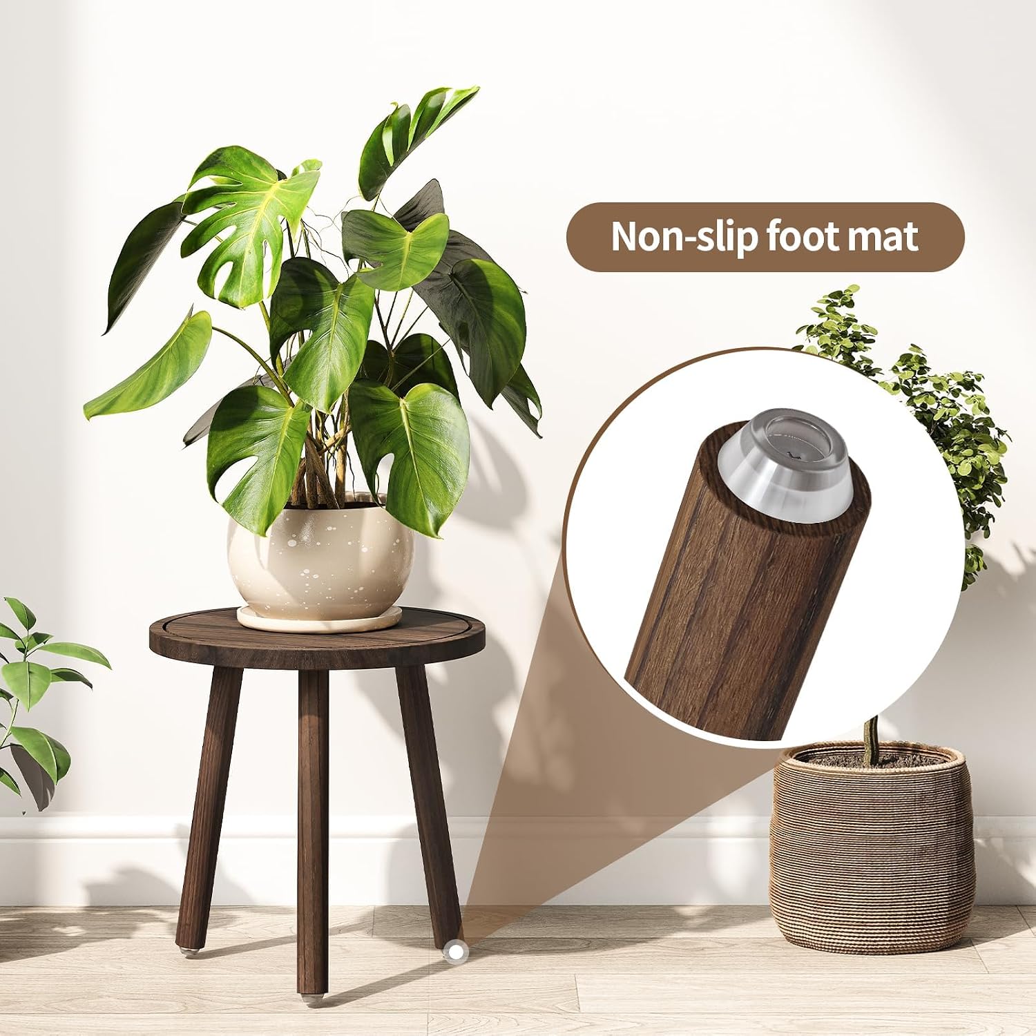 Mid-Century Modern Plants Stool / Dark Brown / 12 Inch / Set of 3