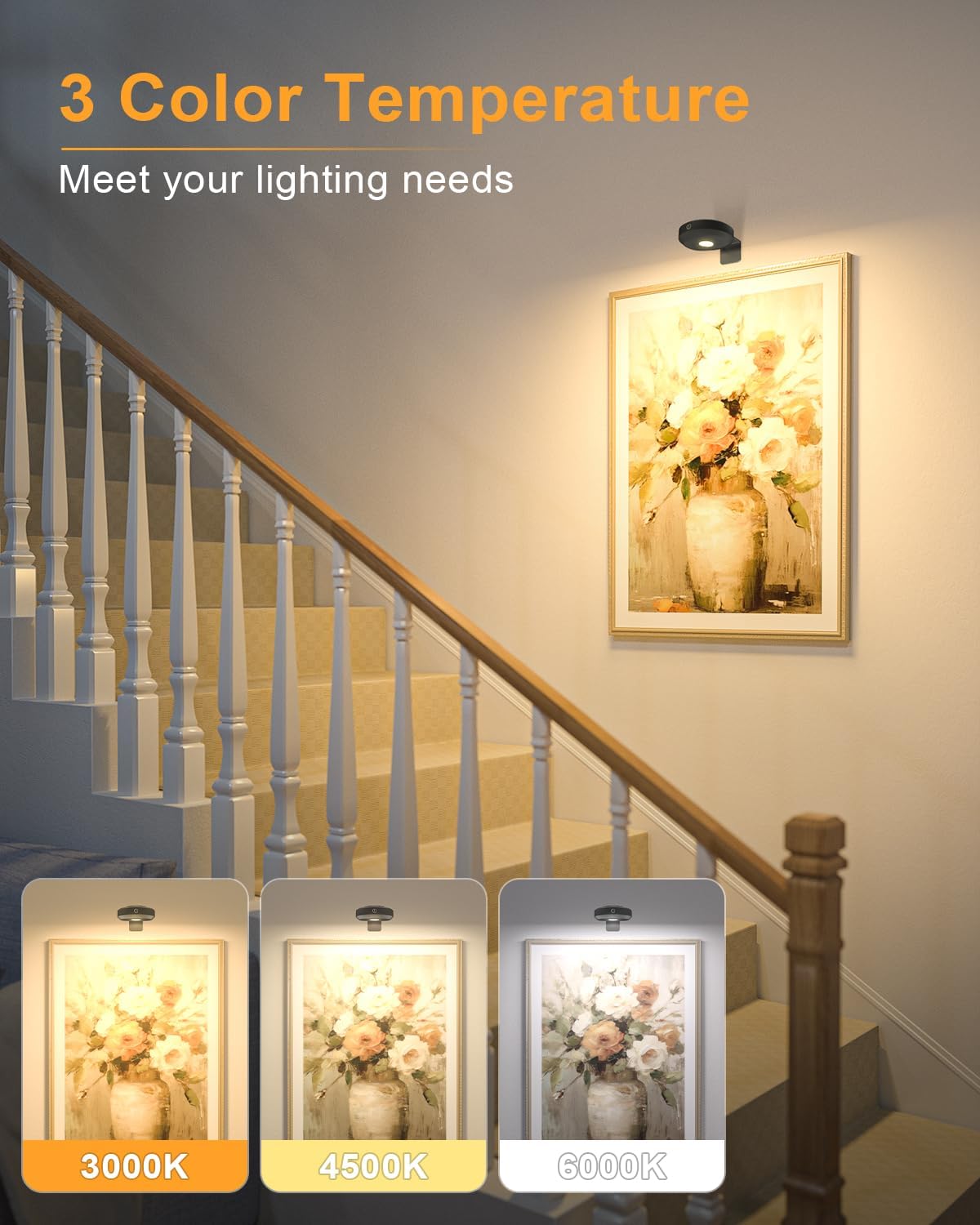 WILLED Rechargeable Picture Lights for Wall, Wireless Gallery Lighting | Battery Operated Puck Lights with Remote