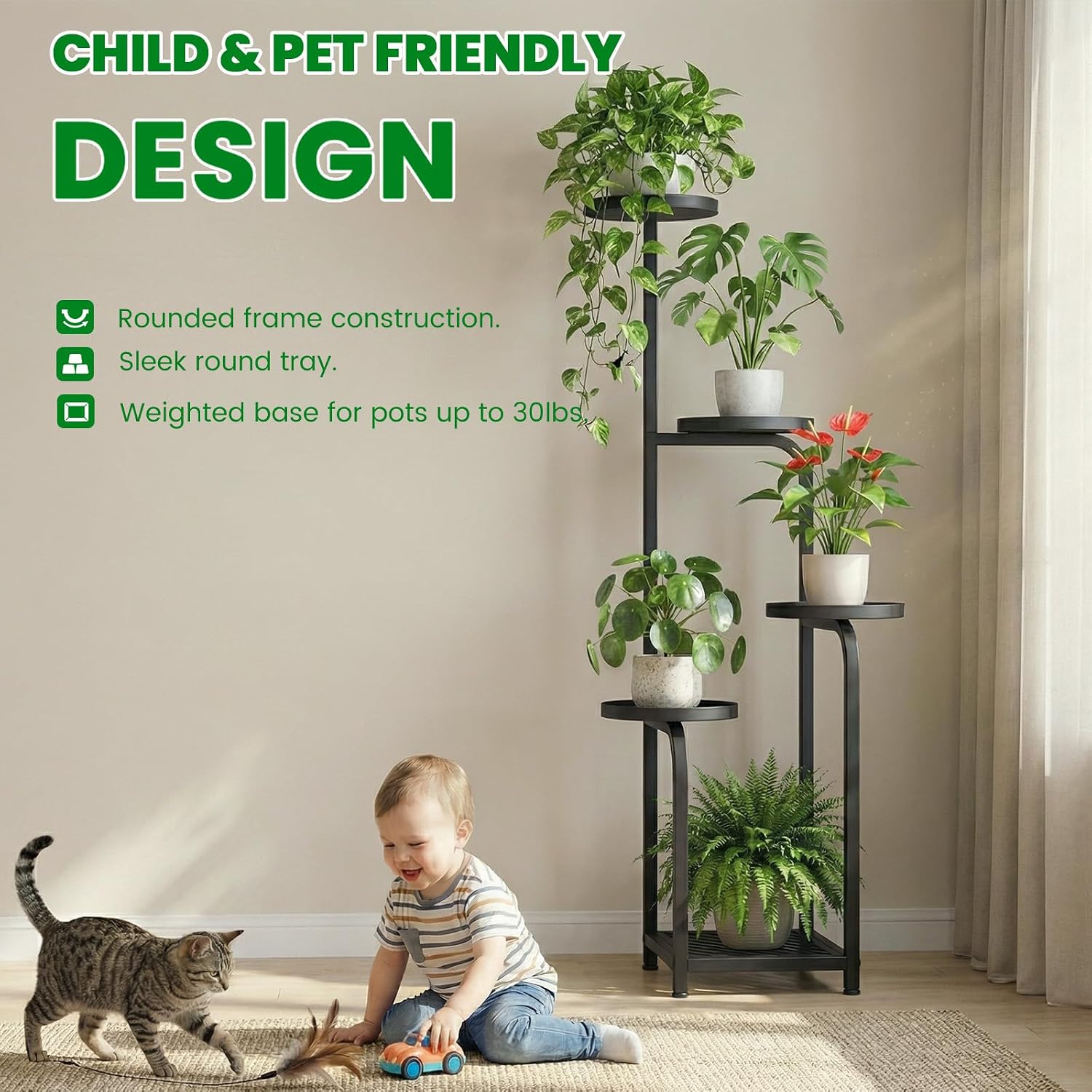 TOSKING 5-Tier Metal Plant Stand Indoor, Anti-Tip Corner Shelf, Black, 47in | Wide base and heavy-duty shelves hold