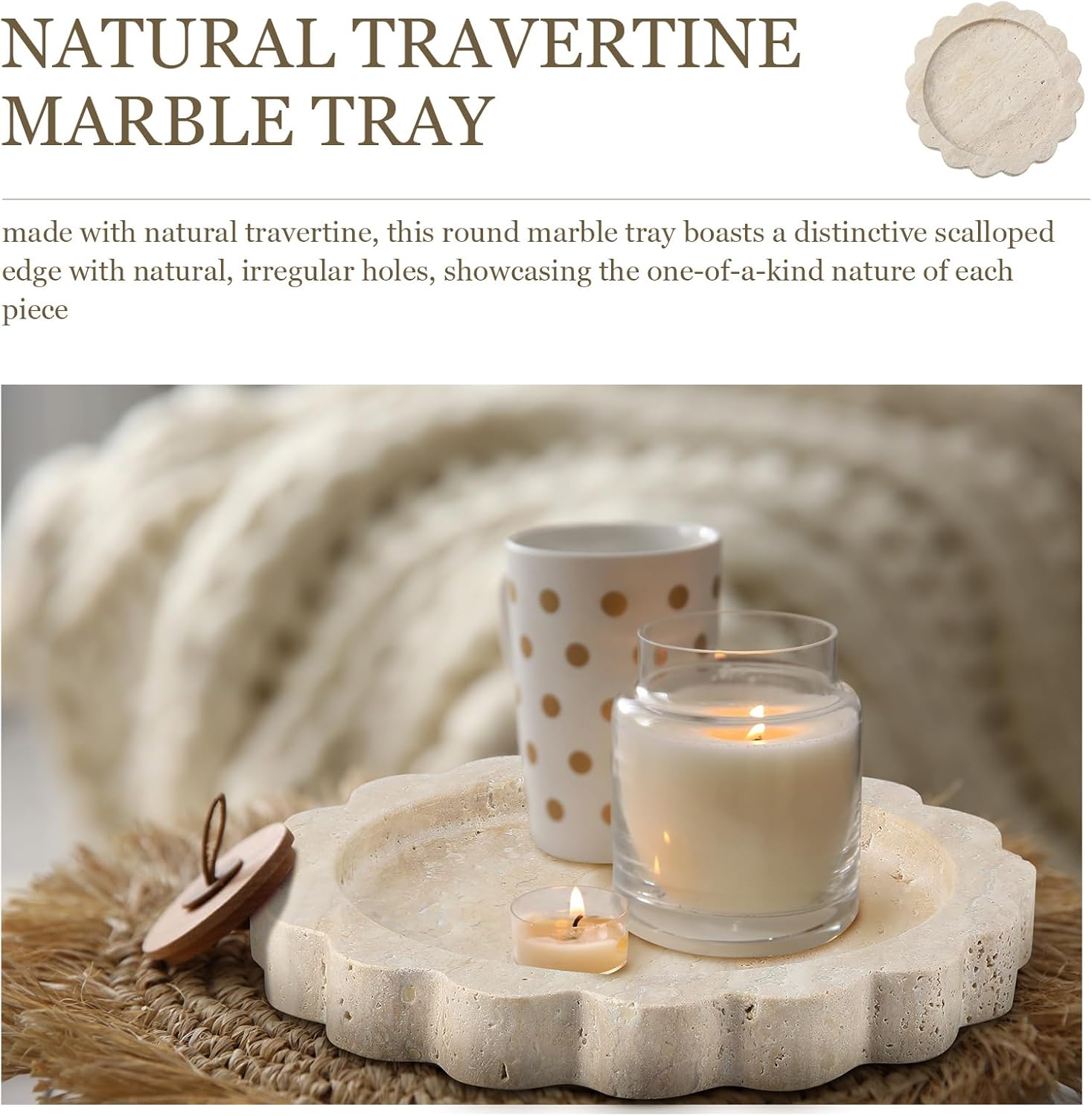 Small Travertine Stone Tray Marble Jewelry Dish Trinket Tray for Women / Round,scallop / 5.5 Inch