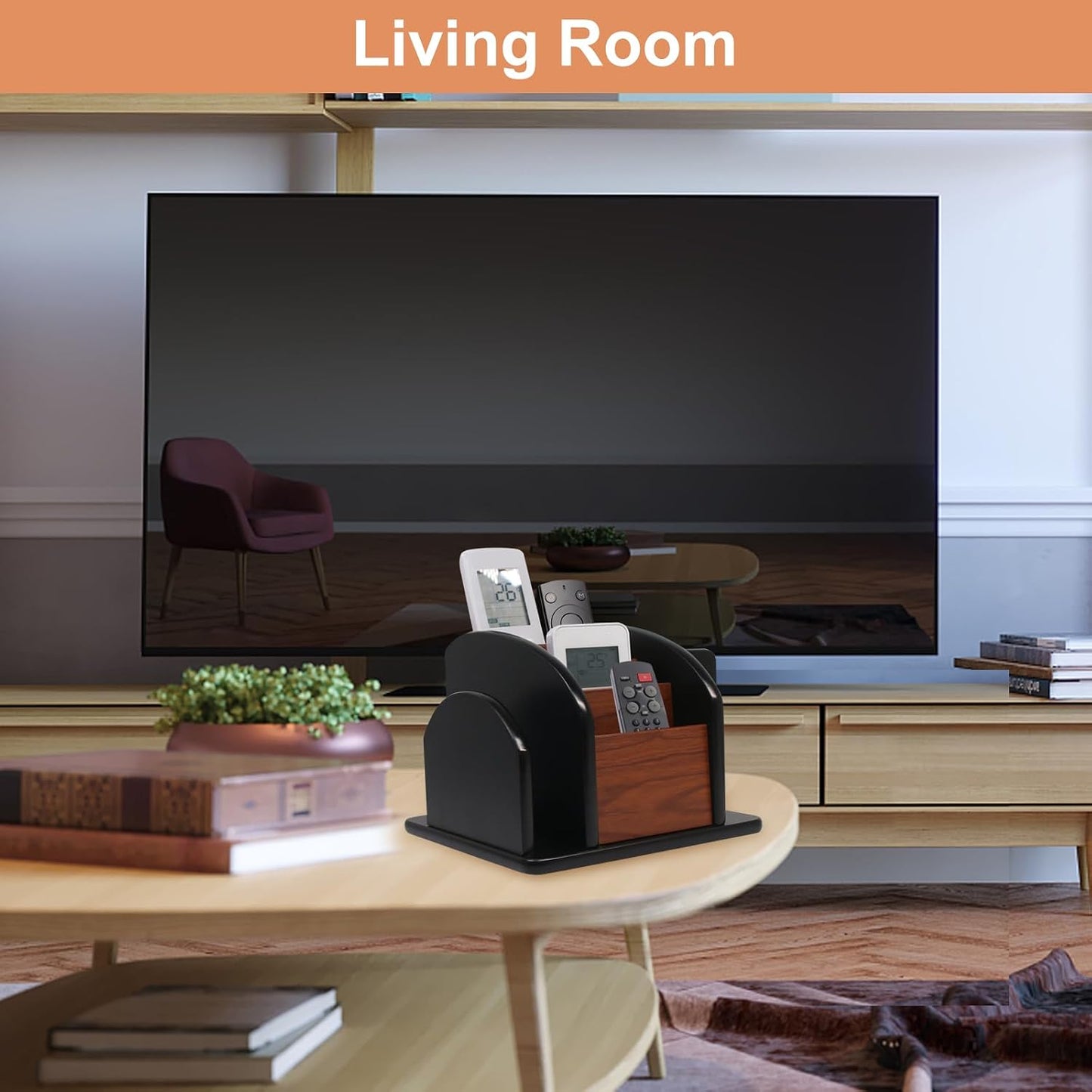 Coideal Remote Control Holder Caddy, 360° Rotating Coffee Table Organizer with 6 Compartments, Wood Remote Control