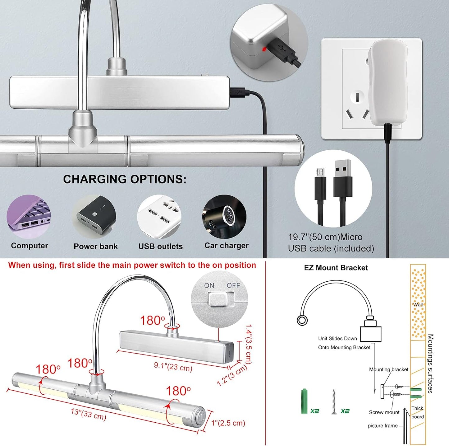 LUXSWAY Wireless Picture Lights for Paintings,Rechargeable Battery Art Display Light with Remote Control,Dimmable and