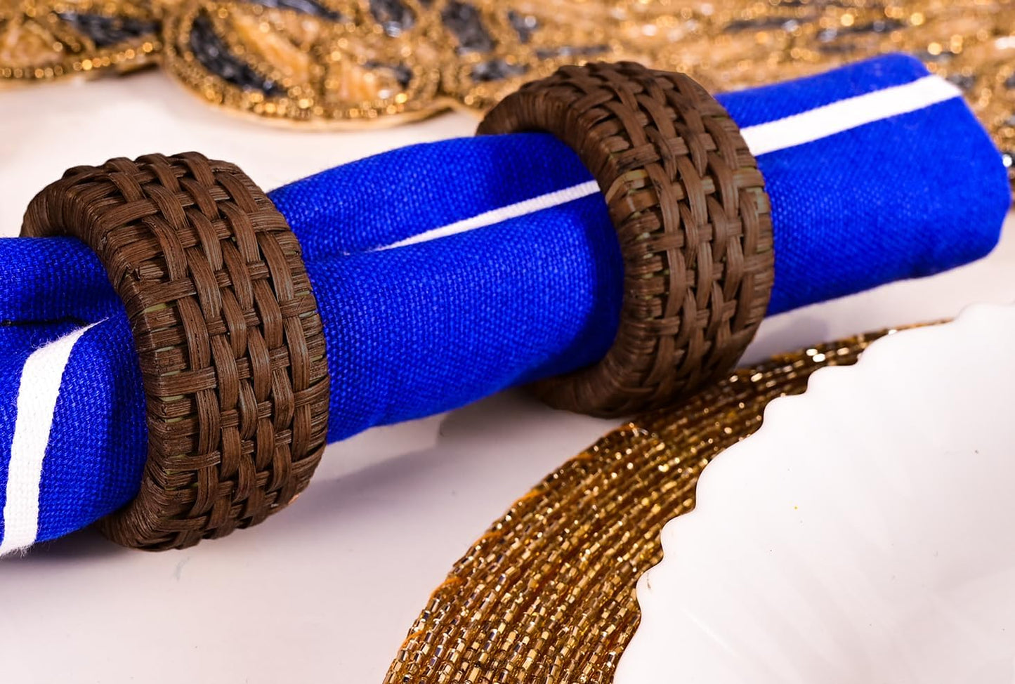 Alpha Living Home Napkin Rings, Rustic Rattan Style, Brown, Set of 12 | Cane & plastic, 2.25x2.25x1.5 in, farmhouse
