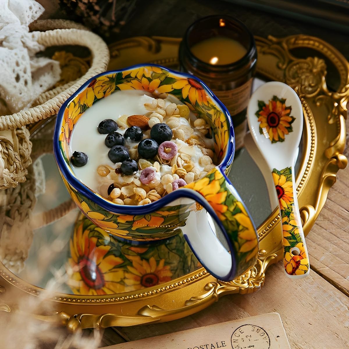 17.64 Oz Microwavable Soup Bowl / Sunflower - Handmade Loop Handle Soup Bowl with Spoon