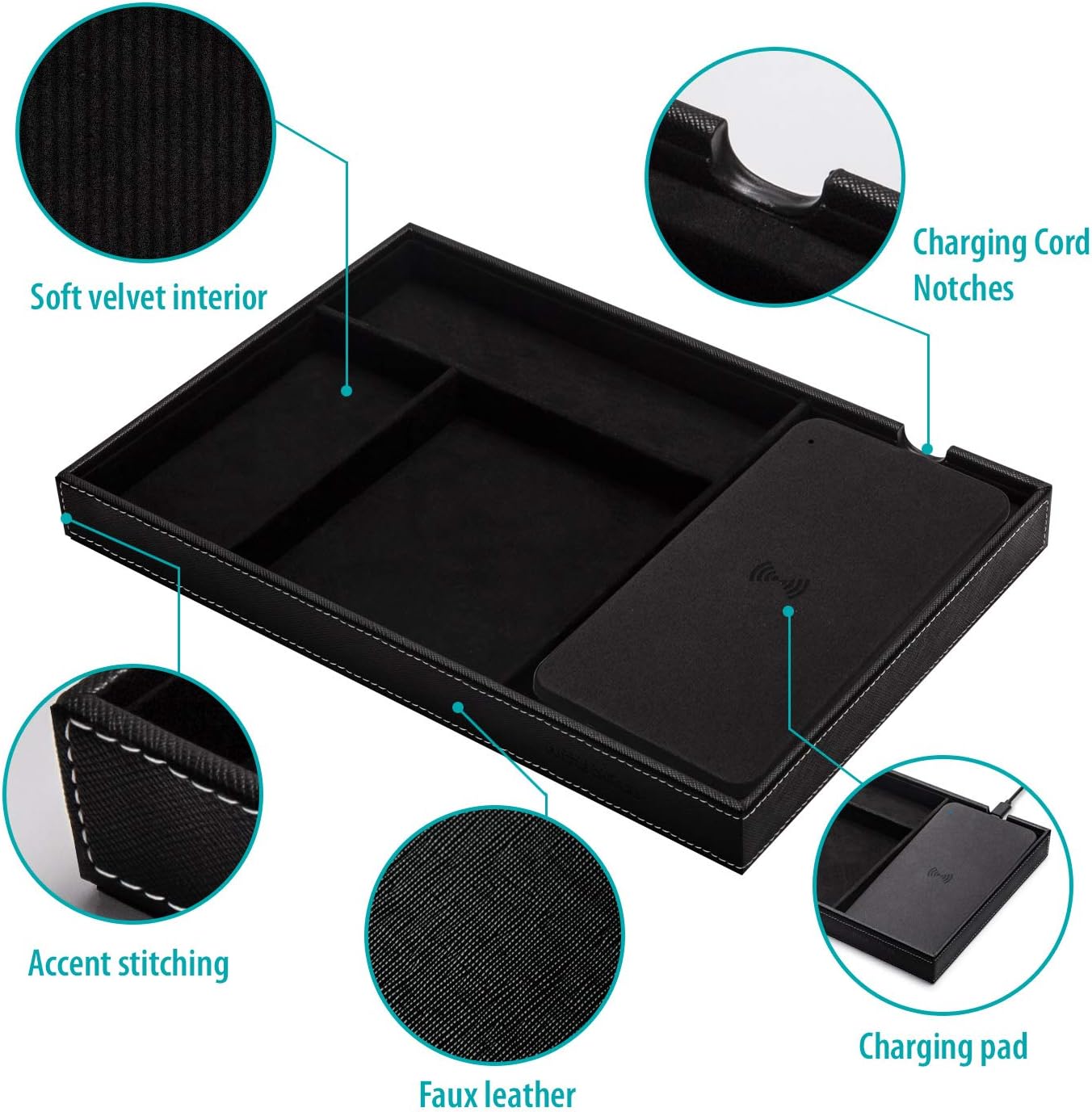 Valet Tray, Built in Wireless Charging Pad, Nightstand Organizer | Dresser Organizer, Mens Jewelry Box, Valet Charging