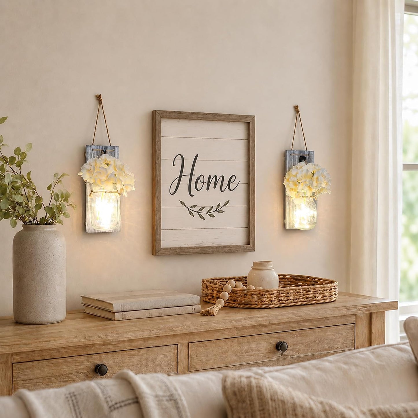 Rustic Mason Jar Sconces Wall Decor / 11"H Grey Wall Decor + Hydrangea / Set of 2