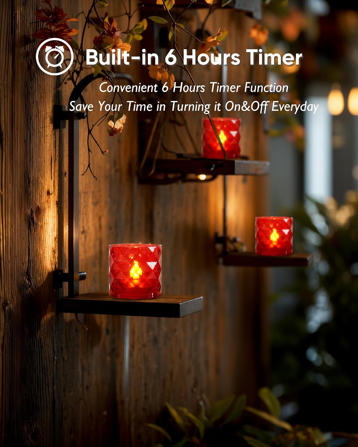 Homemory 2" Red Acrylic Votive Candle & Holders with Auto Timer, 12 Pack | 6h auto timer, flicker Warm White glow