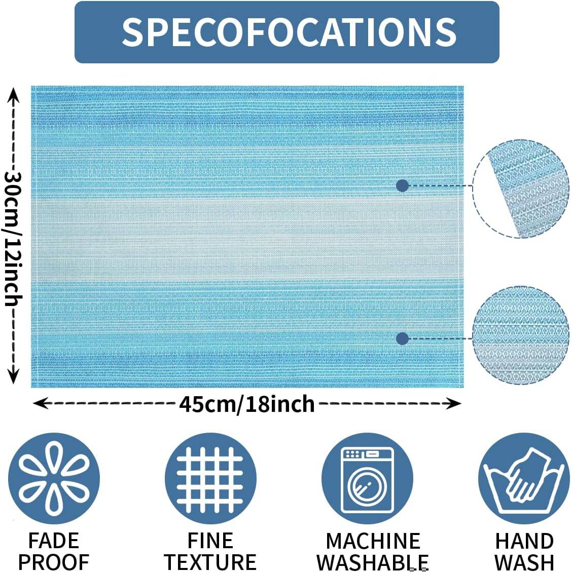 Blue Placemats Set of 8, 12x18 Inch Washable Easy to Clean Heat-Resistant Anti-Skid Table Mats for Holiday Party
