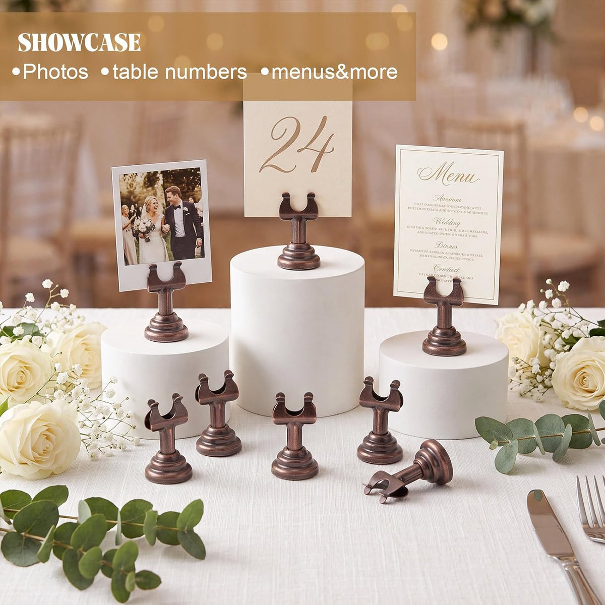 24 Pcs Red Bronze Table Number Holders Metal 1.8 in Card Holder | Harp Clip Place Cards Stands for Wedding Restaurant