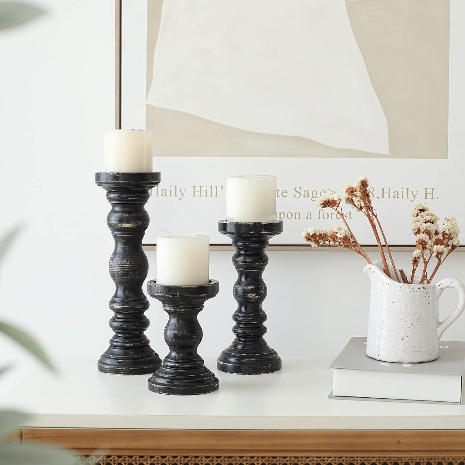 SWALLOWLIVING Rustic Farmhouse Wood Pillar Candle Holder Set of 3 for Candlestick, Black