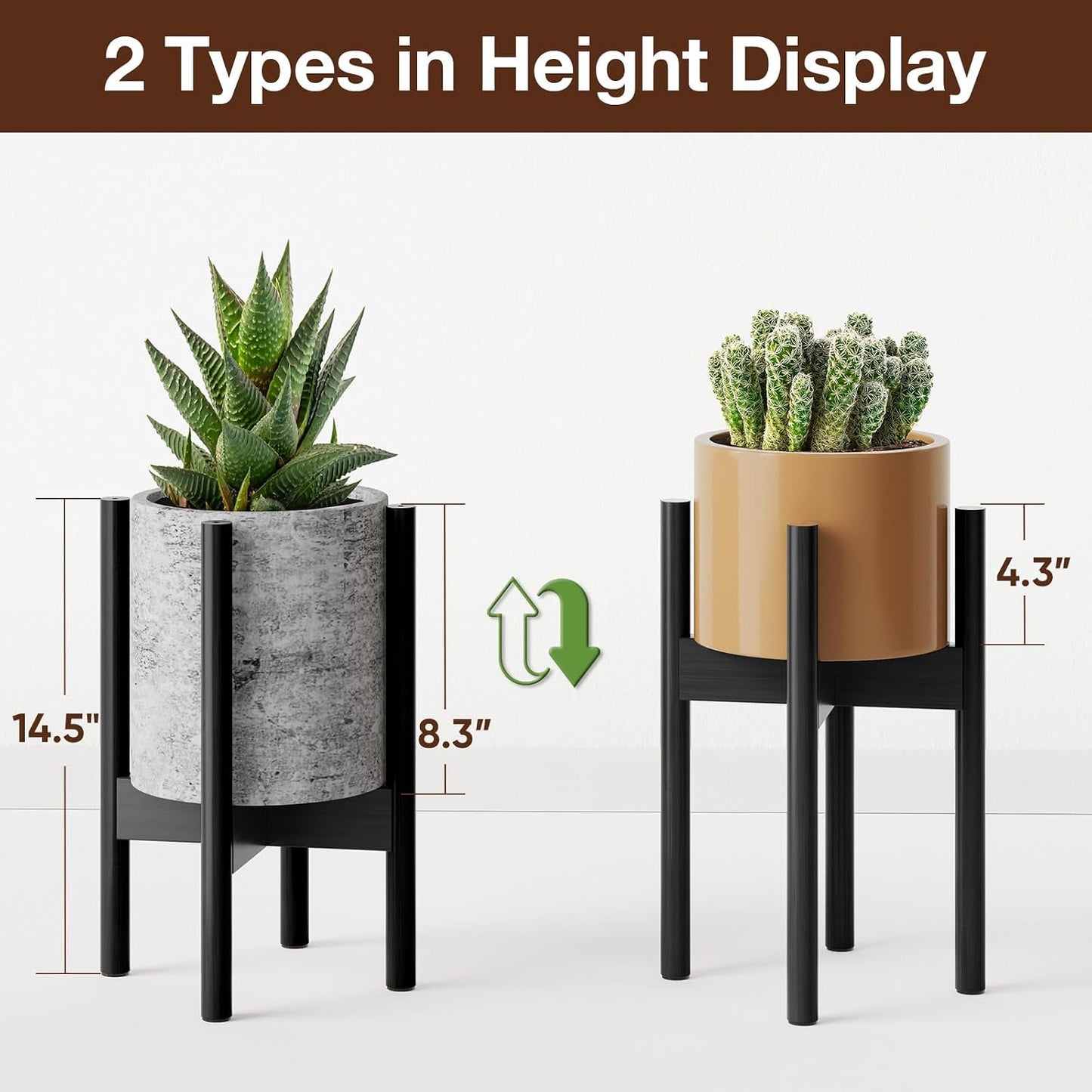 MUDEELA Plant Stand for Indoor, Bamboo Material, Black, 14.5 Inch Tall | Adjustable Width Fits 8-12 Inch Pot