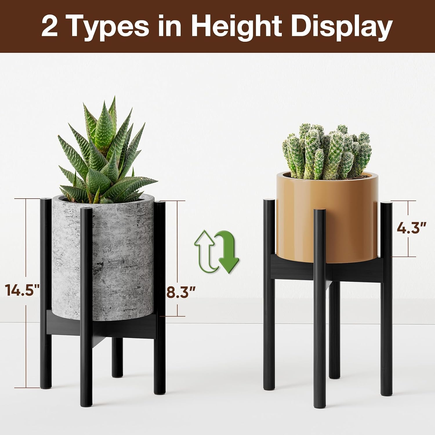 MUDEELA Plant Stand for Indoor, Bamboo Material, Black, 14.5 Inch Tall | Adjustable Width Fits 8-12 Inch Pot