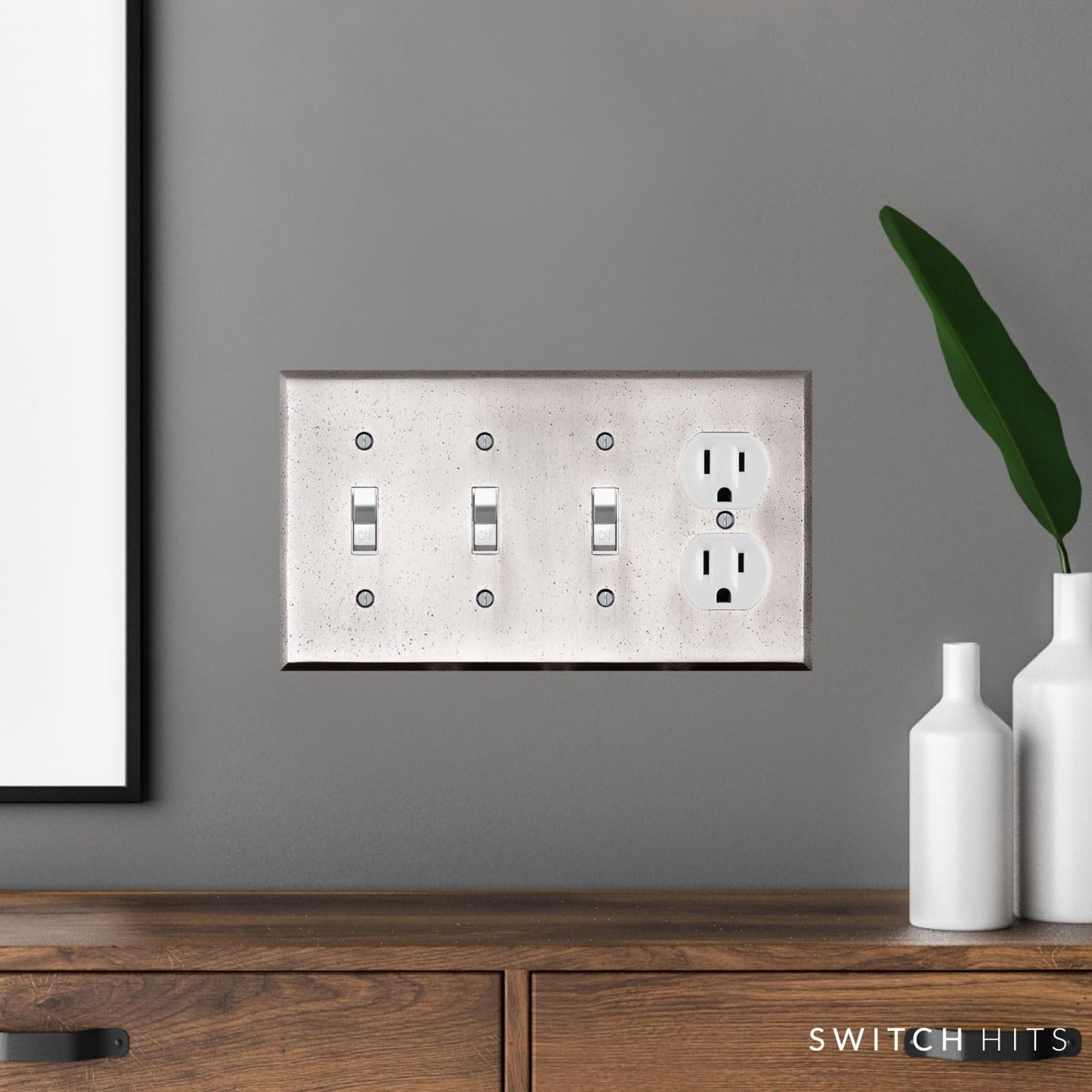 Distressed Antique Pewter Outlet Wall Plate | 3 Toggle - 1 Duplex | 8.25" x 4.5" | Hand-Polished Brass Construction