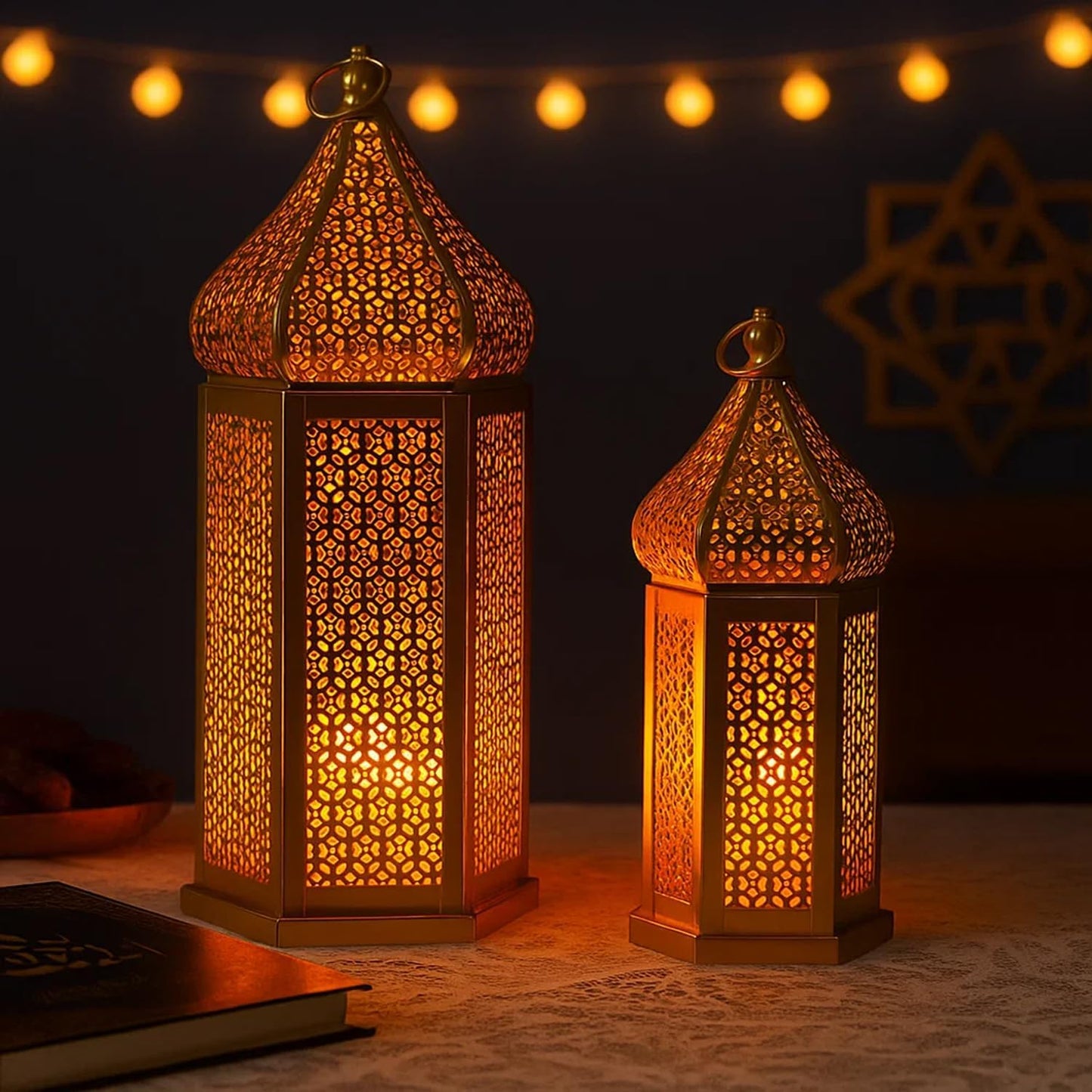 Vela Lanterns Decorative Indoor Gold Moroccan Temple Lanterns, Set of 2 | Ramadan Decorations for Home, Eid Islamic