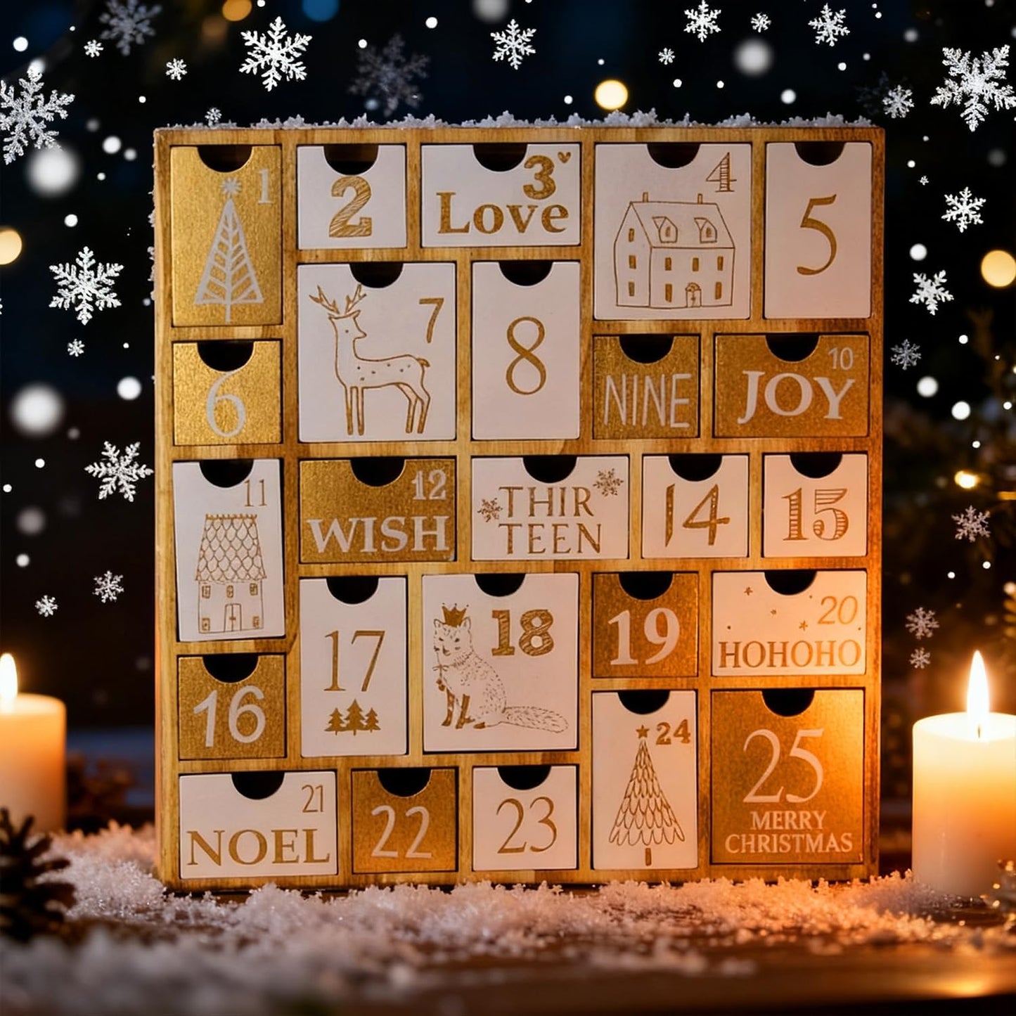 Juegoal Advent Calendar with 25 Drawers Countdown to Christmas, Refillable Wooden Advent Xmas Gift for Kids, 12 Inches
