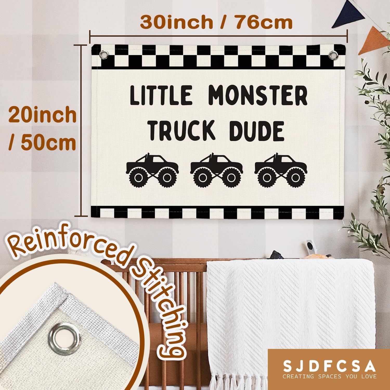 Car Themed Room Decor Canvas Banner Wall Decor / Little Monster Truck Dude / Black