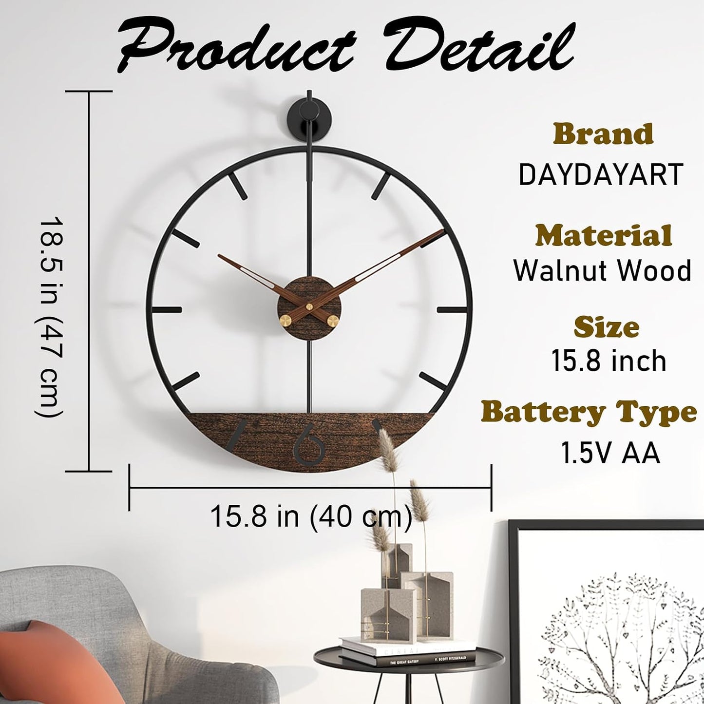 Modern Wood Walnut Dial Wall Clock, Large Simple Wall Decor Metal Frame Silent Non Ticking Clock for Living Room Decor