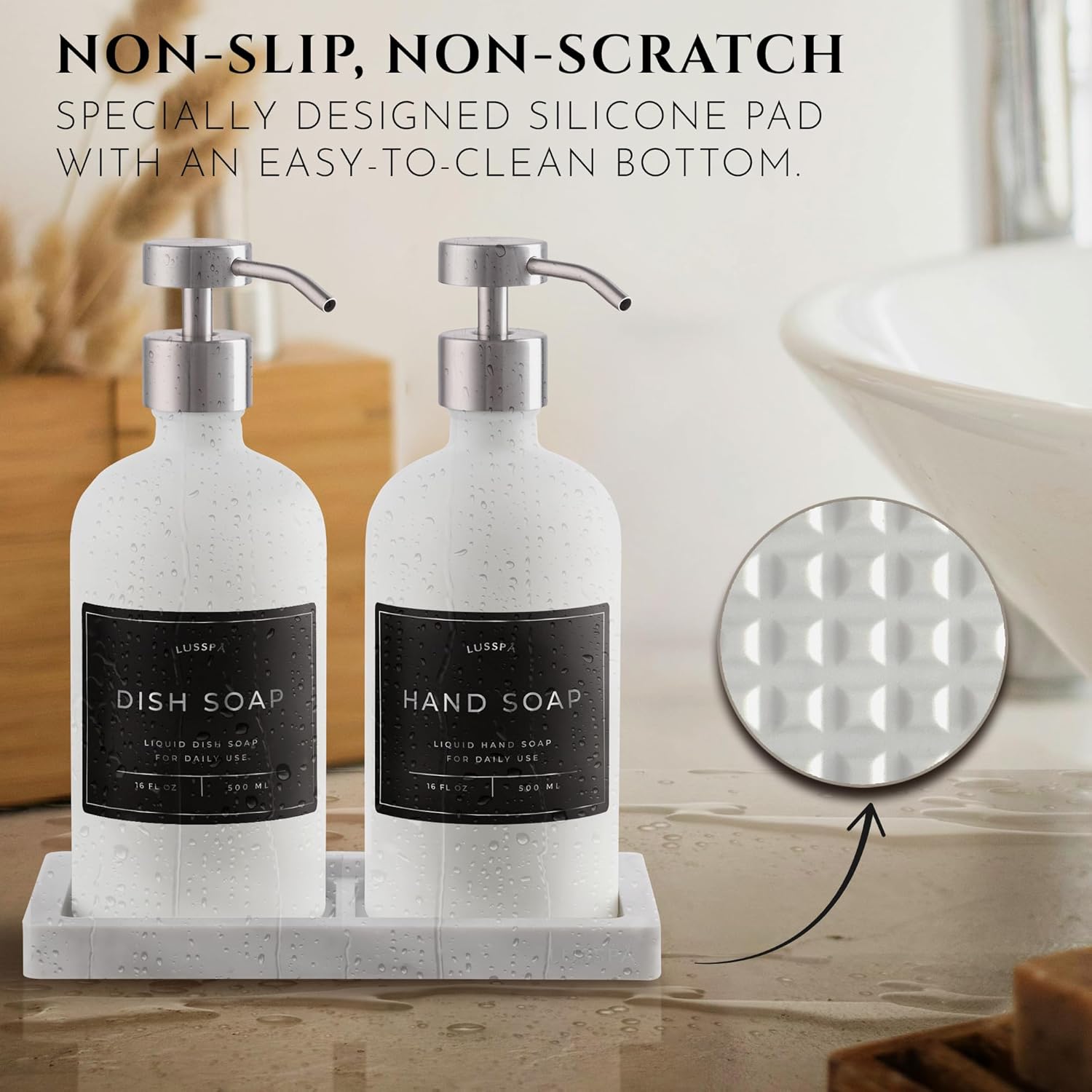 Glass Soap Dispenser Set of 2 (White) with Silicone Tray | Hand and Dish Soap Dispenser for Kitchen and Bathroom | 16.8
