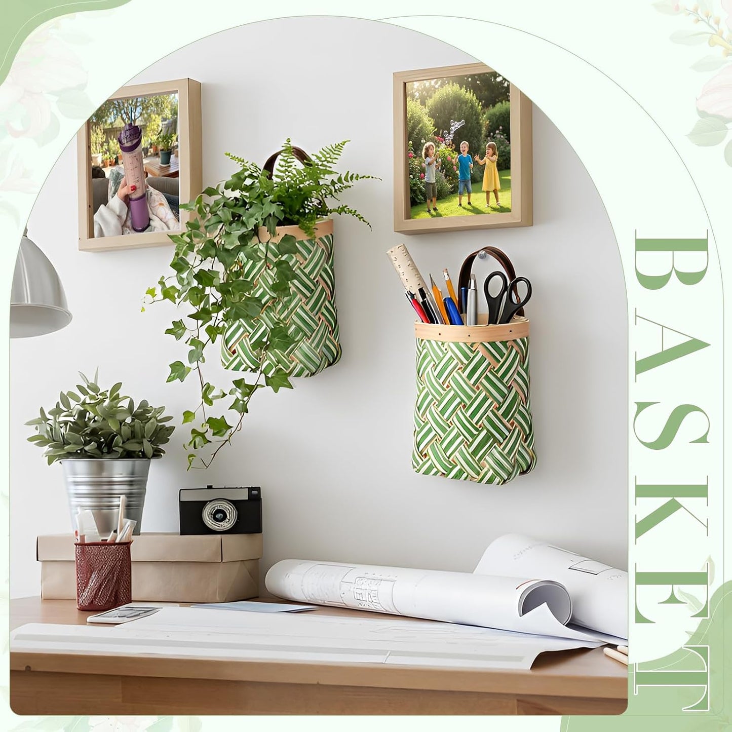 Small Wall Hanging Basket Woven Wood Storage Basket Hanging Rope / Sage Green / 6 Inch / Set of 3
