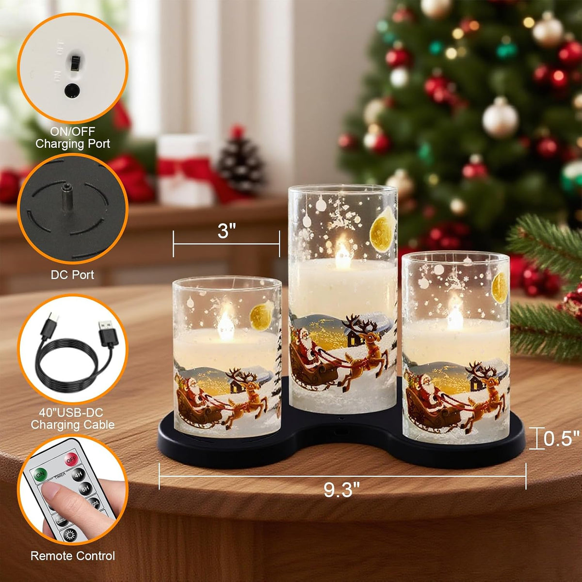 Santa Claus Glass Flameless Candles Rechargeable Battery Operated | Remote and Timer LED Pillar Candles Flickering