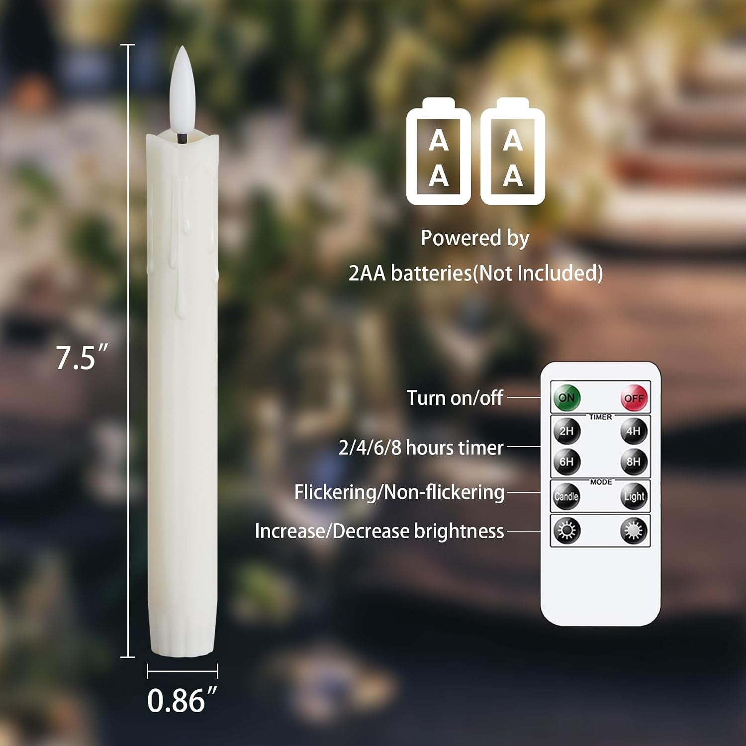 Flameless Flickering Taper Candles Two Remote, 7.5 Inch Ivory Battery Operated LED Window Candles Timer,Set of 8