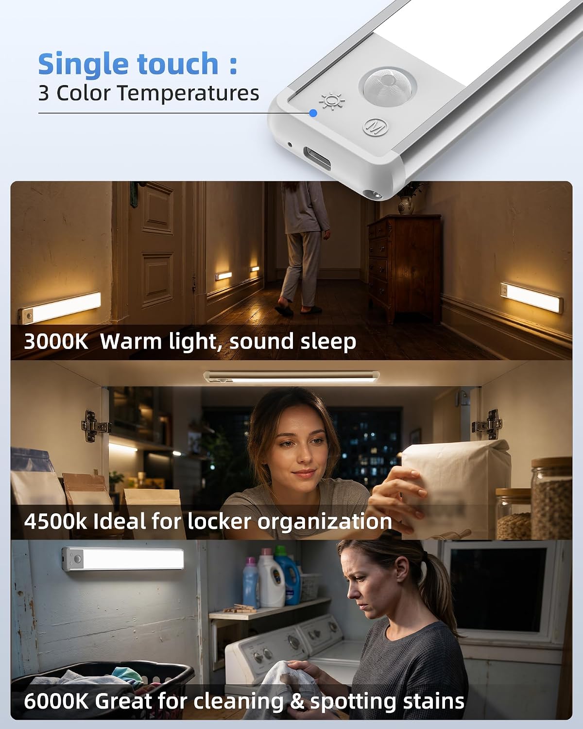 EZVALO 8-Inch LED Under Cabinet Lighting, Magnetic Wireless Motion Sensor Light, Rechargeable 1800mAh, 3 Color
