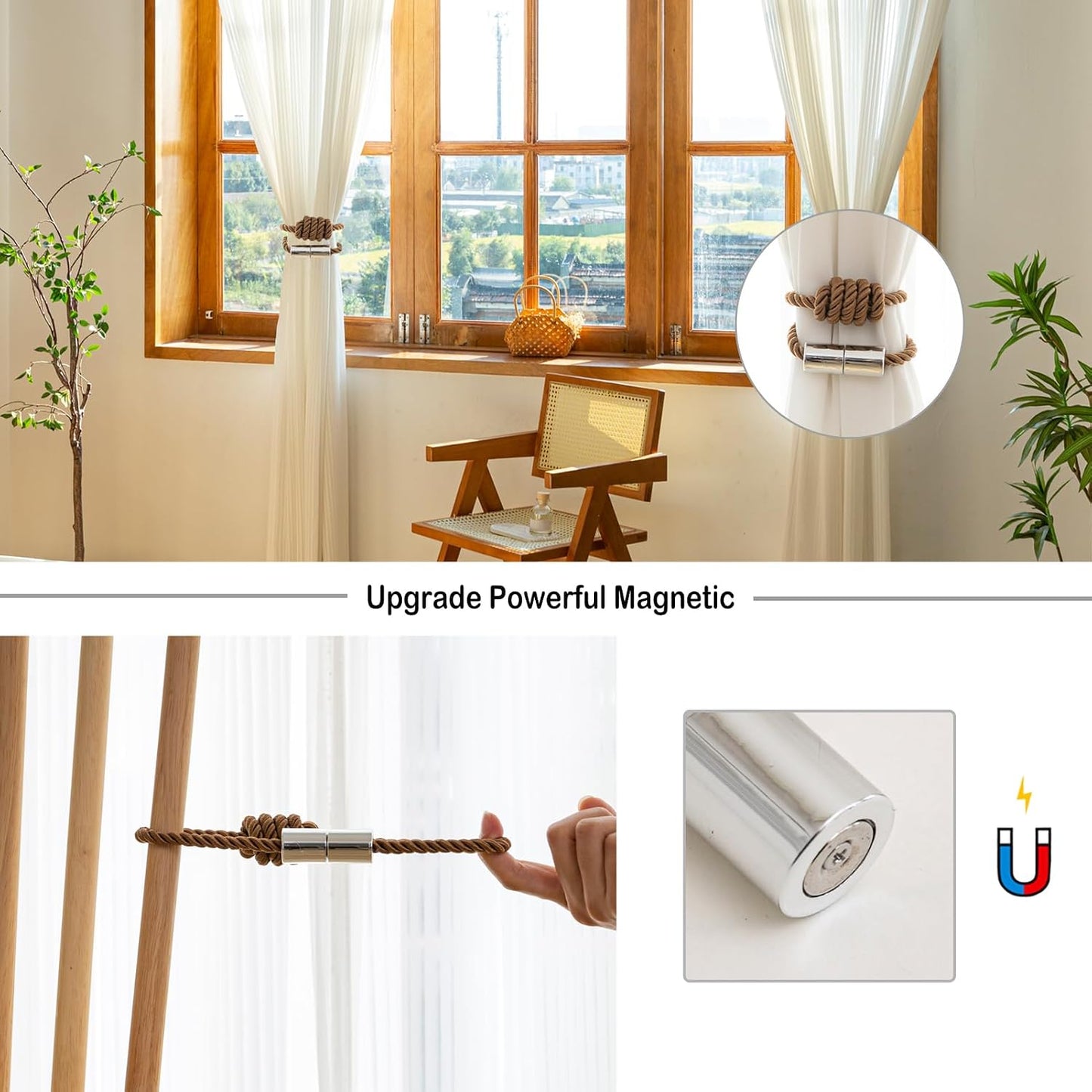 Curtain Tiebacks Magnetic Decorative Rope Tie Backs Holdbacks Contoeey | 6 Pack Khaki Modern Elegant Window Treatment